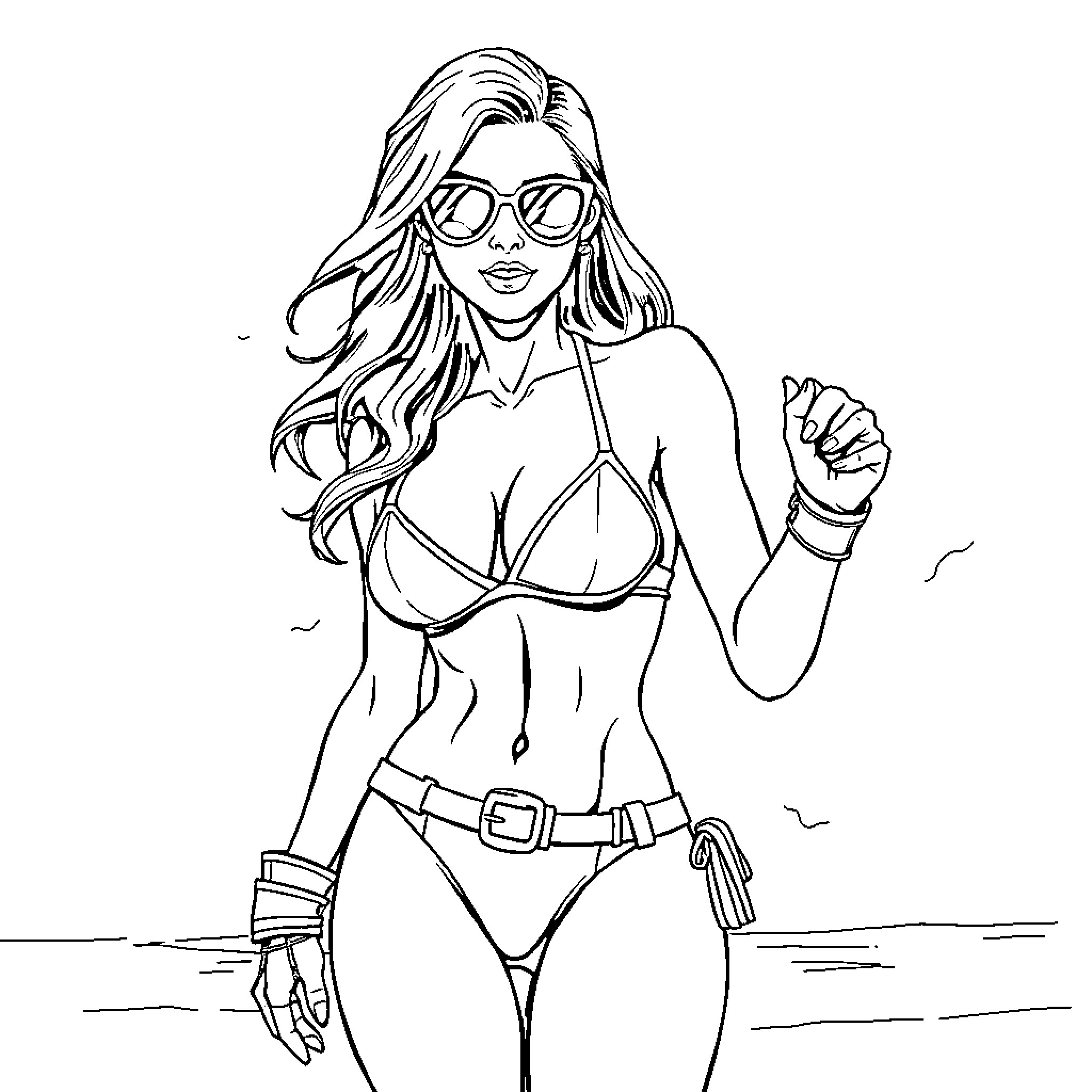 Black Widow in action-ready outfit Coloring Page (free black-and-white line drawing printable PDF for all, from beginners to advanced learners, including children, teens, adults, and seniors)