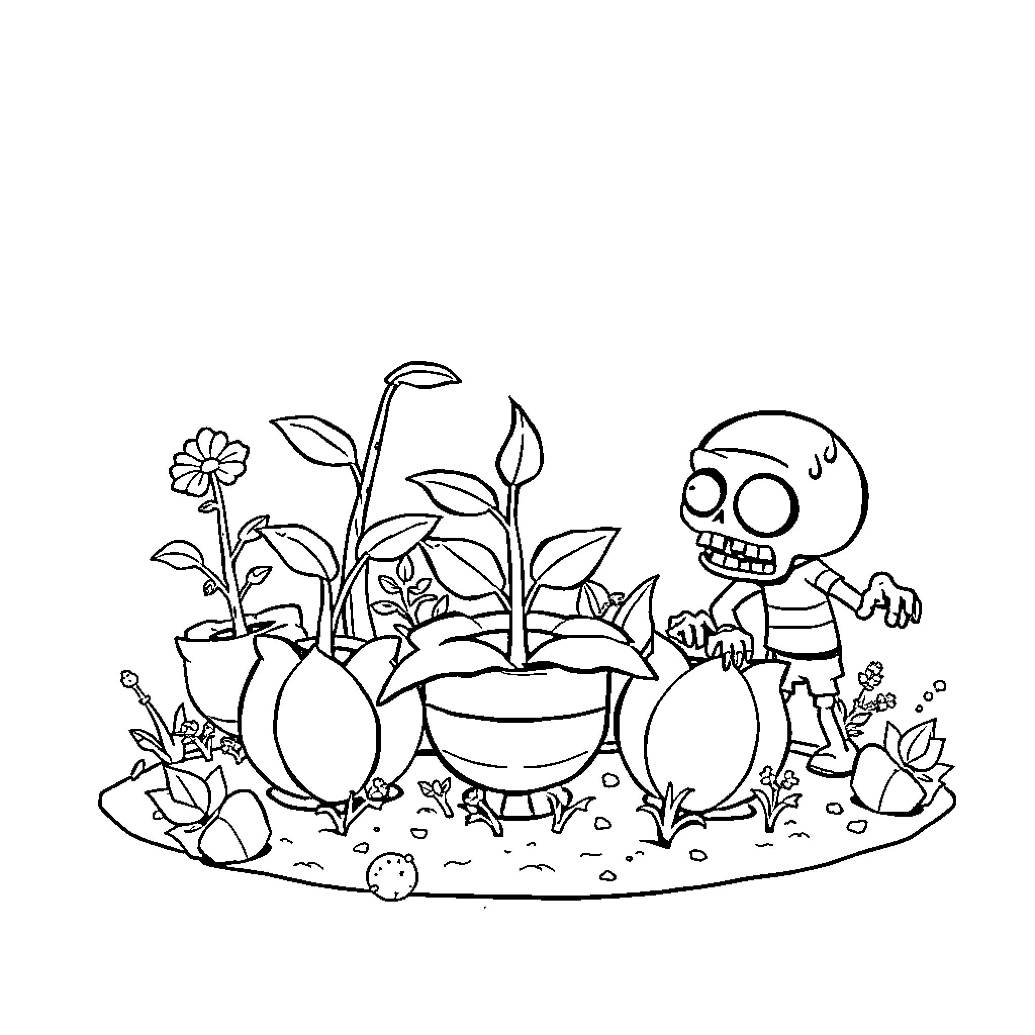 Plants growing with a playful skeleton Coloring Page (free black-and-white line drawing printable PDF for all, from beginners to advanced learners, including children, teens, adults, and seniors)