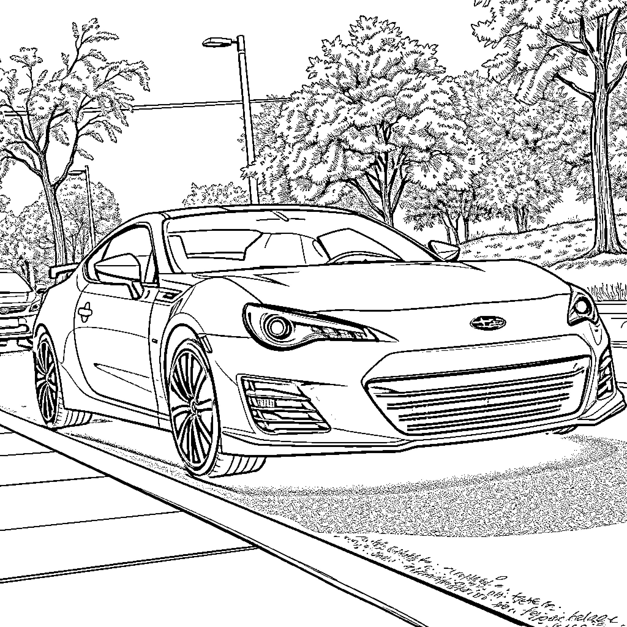 Subaru BRZ on the open road Coloring Page (free black-and-white line drawing printable PDF for all, from beginners to advanced learners, including children, teens, adults, and seniors)