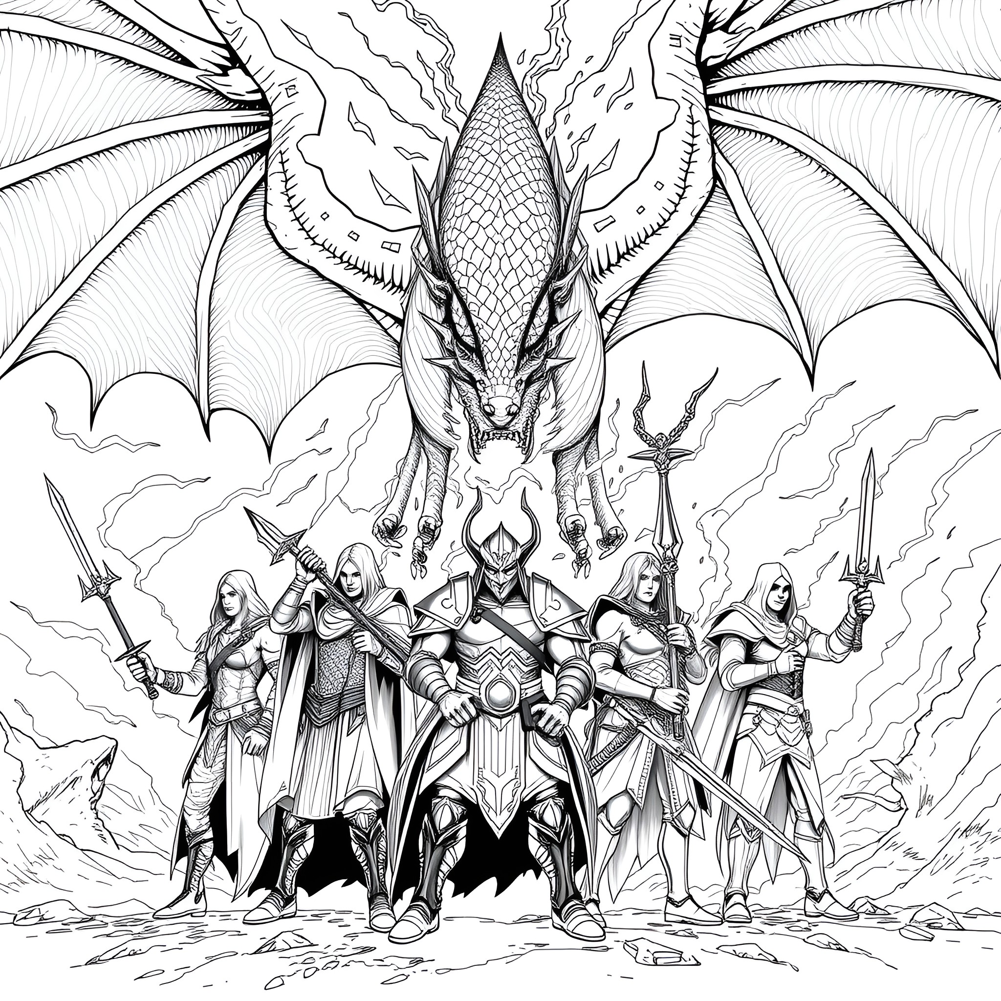 Vox Machina: Brave Heroes Facing a Formidable Dragon Coloring Page (free black-and-white line drawing printable PDF for all, from beginners to advanced learners, including children, teens, adults, and seniors)