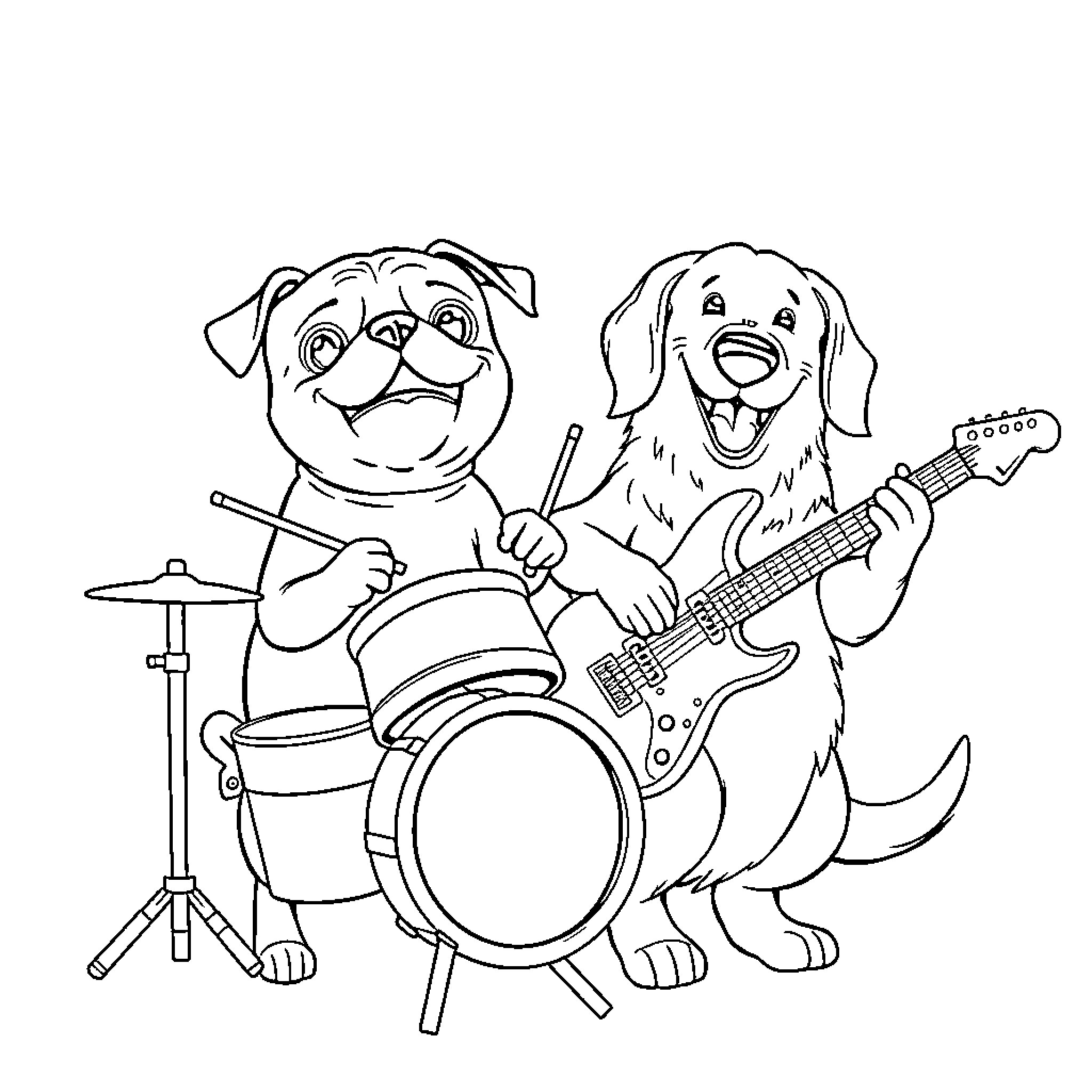 Pug and Dog Playing Musical Instruments Coloring Page (free black-and-white line drawing printable PDF for all, from beginners to advanced learners, including children, teens, adults, and seniors)