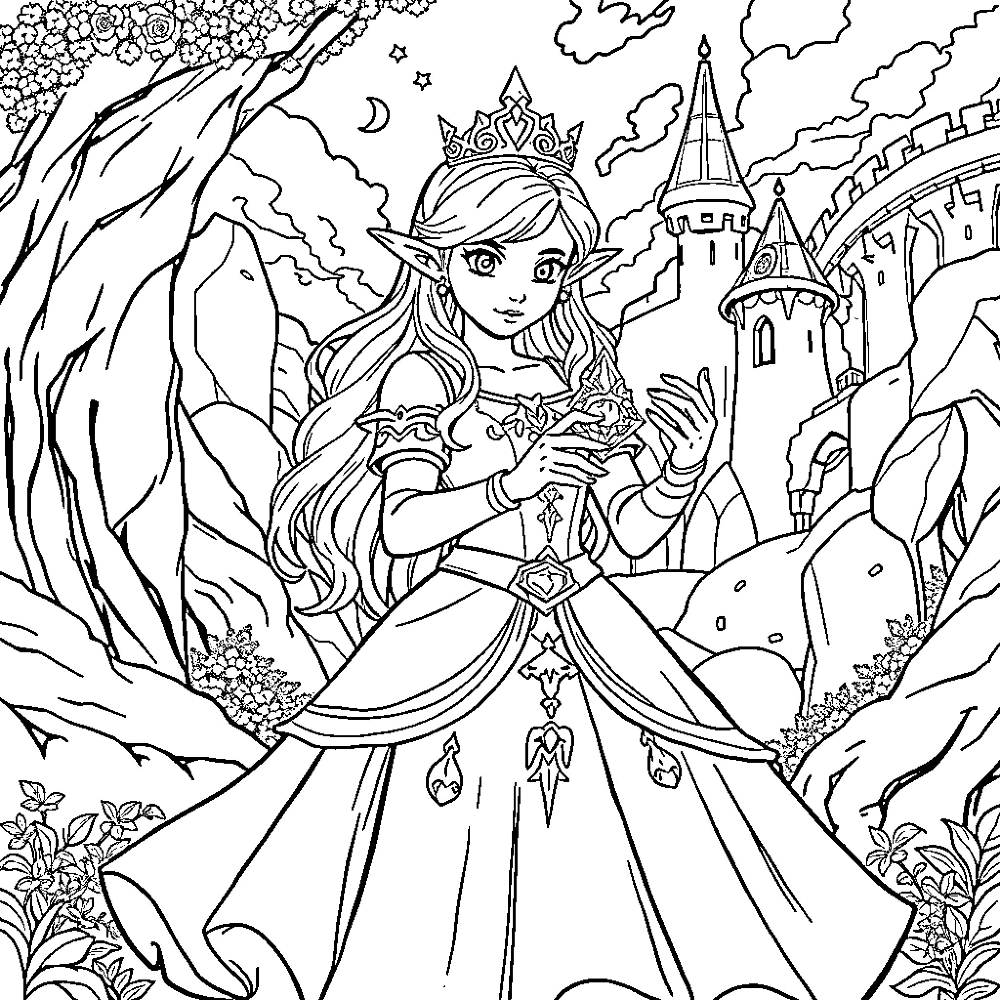 Zelda in a Magical Princess Adventure Coloring Page (free black-and-white line drawing printable PDF for all, from beginners to advanced learners, including children, teens, adults, and seniors)
