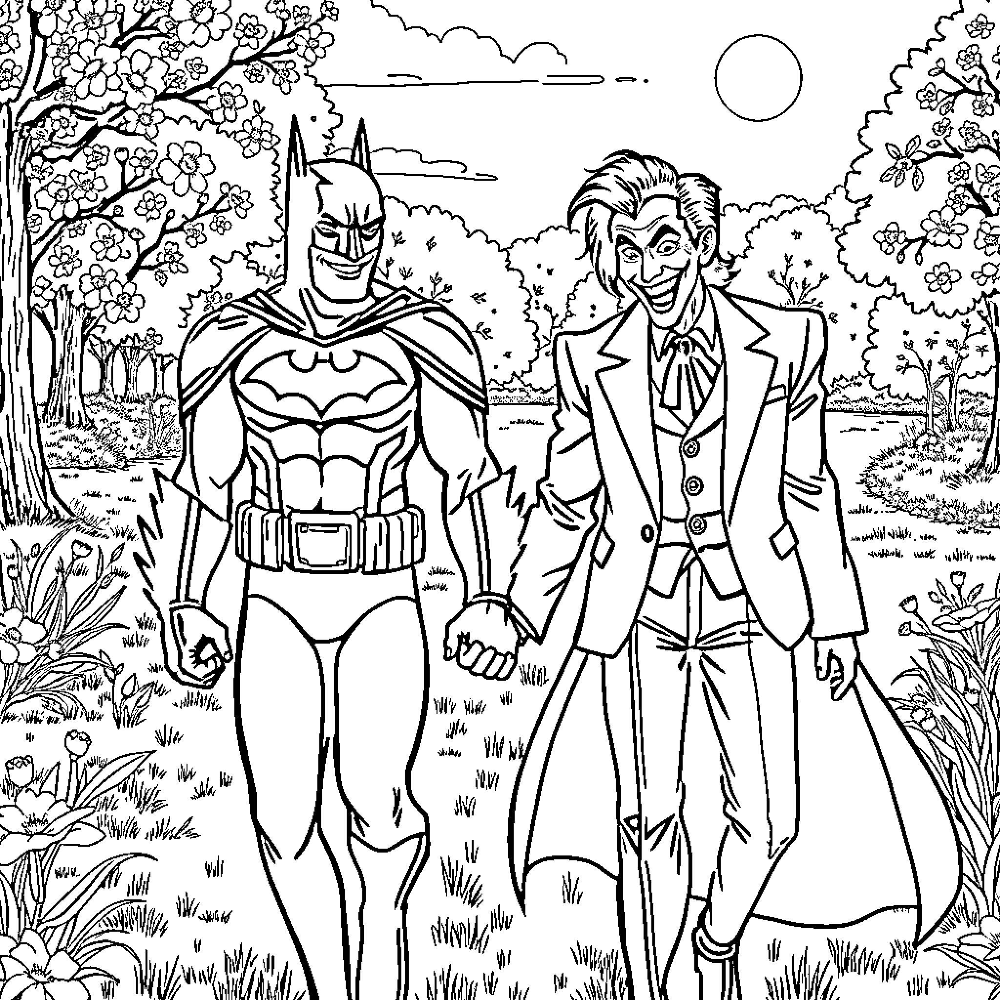 Batman and Joker strolling through a peaceful park Coloring Page (free black-and-white line drawing printable PDF for all, from beginners to advanced learners, including children, teens, adults, and seniors)