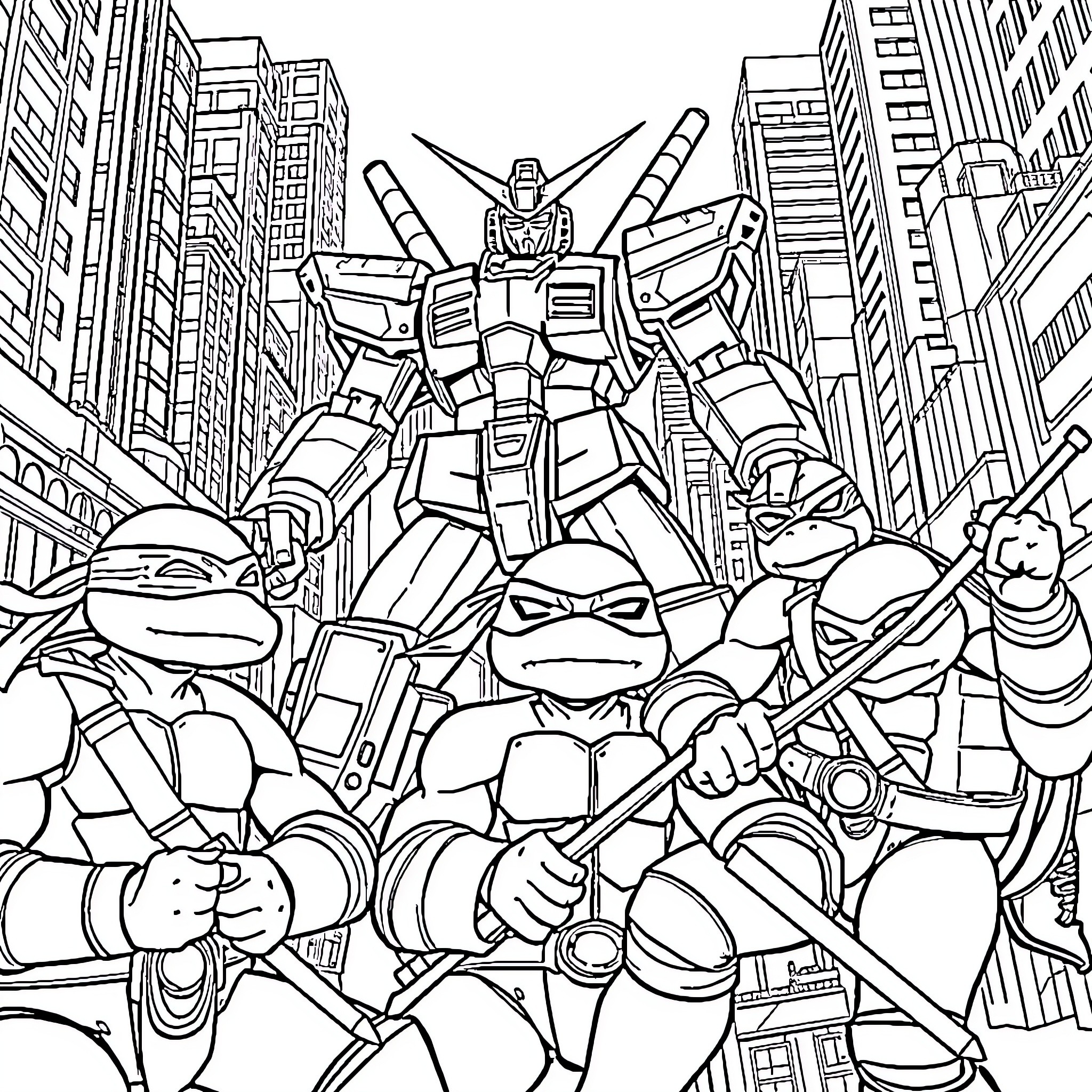 Ninja Turtle Heroes Battle Giant Mech in City Coloring Page (free black-and-white line drawing printable PDF for all, from beginners to advanced learners, including children, teens, adults, and seniors)