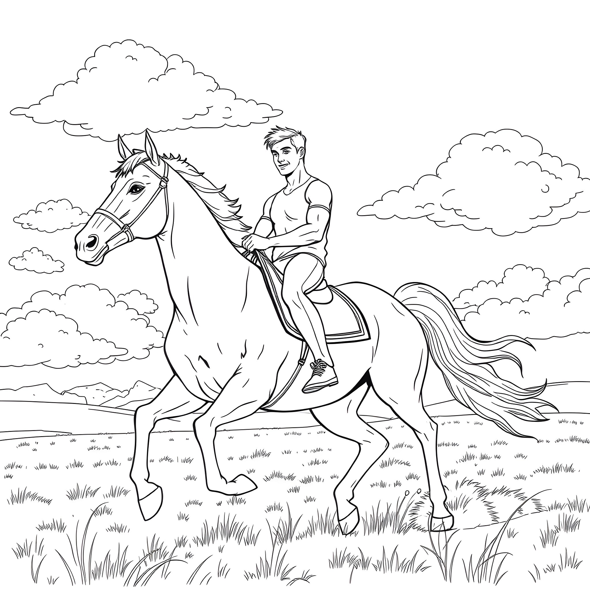 John Cena riding a majestic horse through the countryside Coloring Page (free black-and-white line drawing printable PDF for all, from beginners to advanced learners, including children, teens, adults, and seniors)