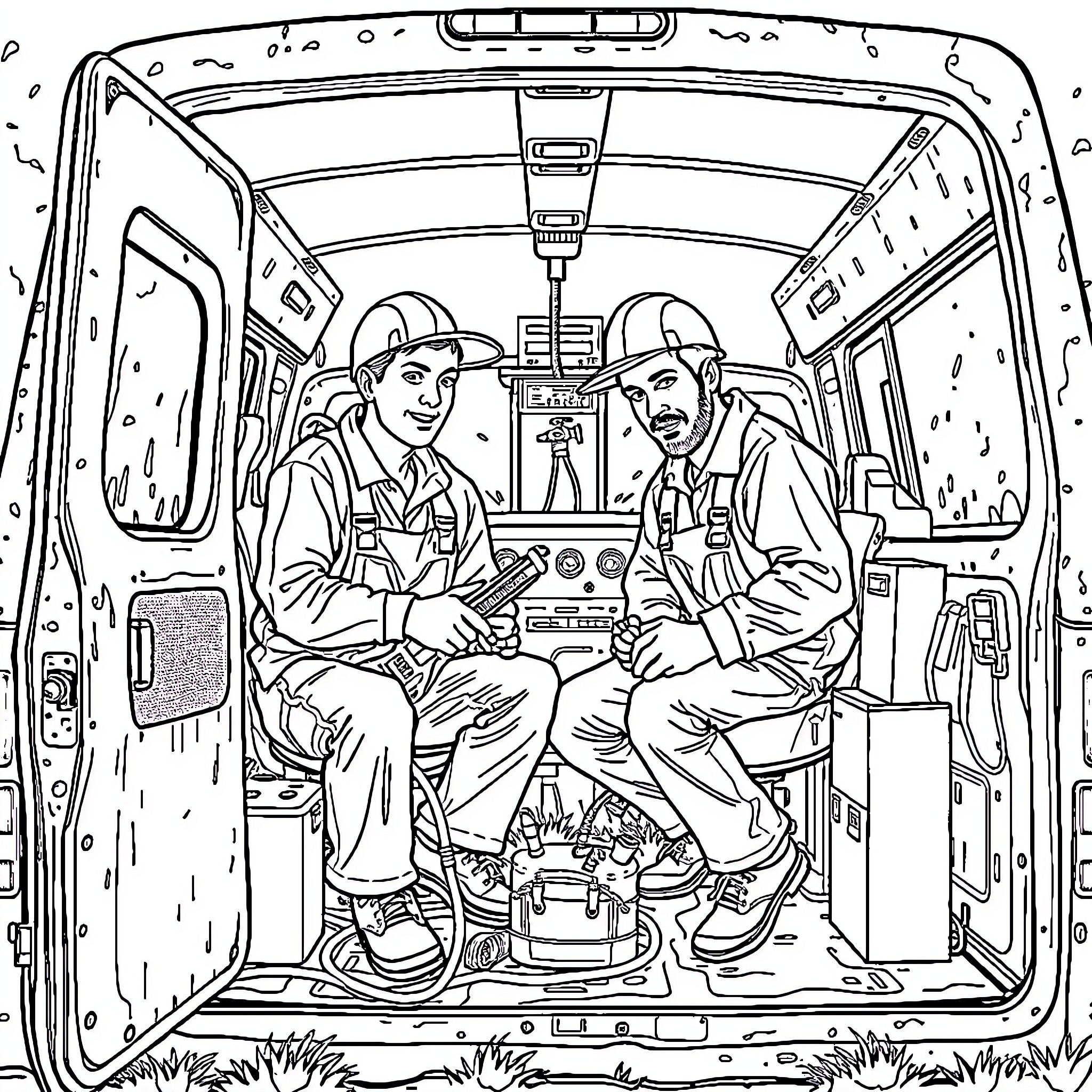 Electricians repairing equipment in a service van Coloring Page (free black-and-white line drawing printable PDF for all, from beginners to advanced learners, including children, teens, adults, and seniors)