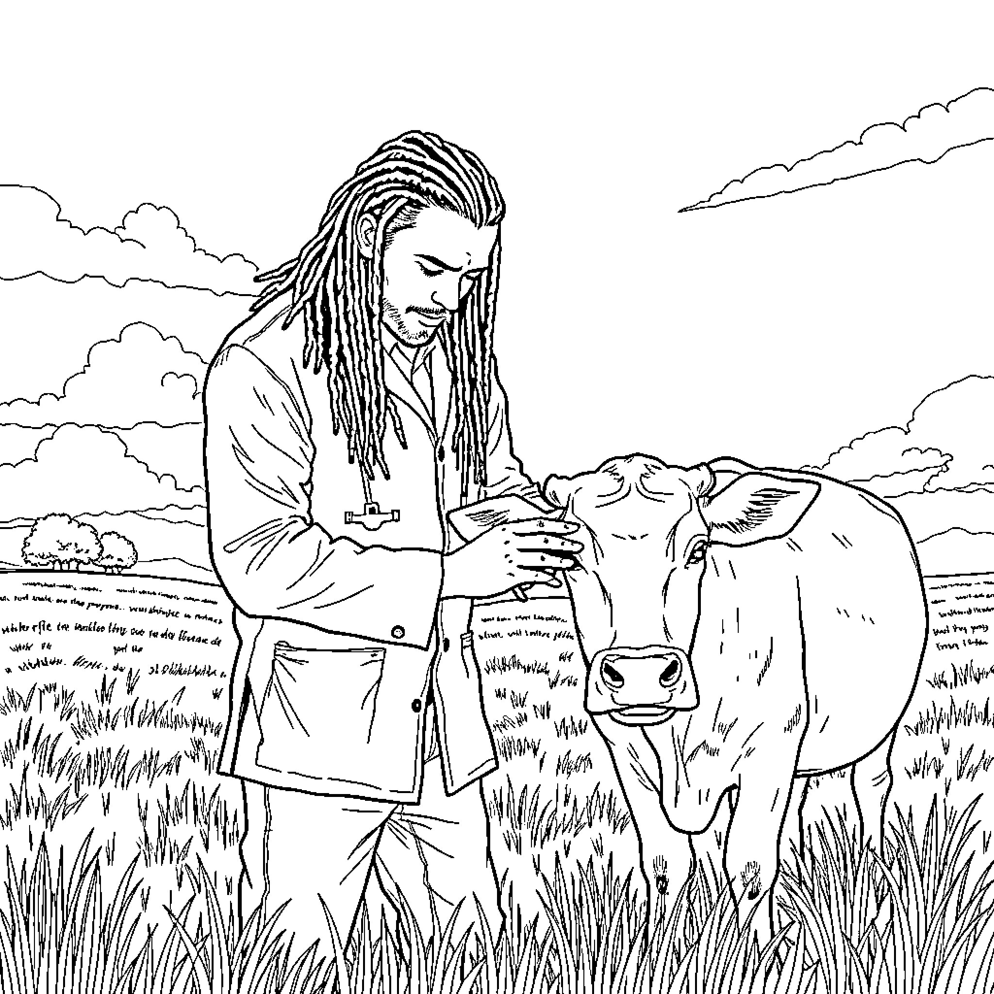 Veterinarian examining cow in rural field Coloring Page (free black-and-white line drawing printable PDF for all, from beginners to advanced learners, including children, teens, adults, and seniors)