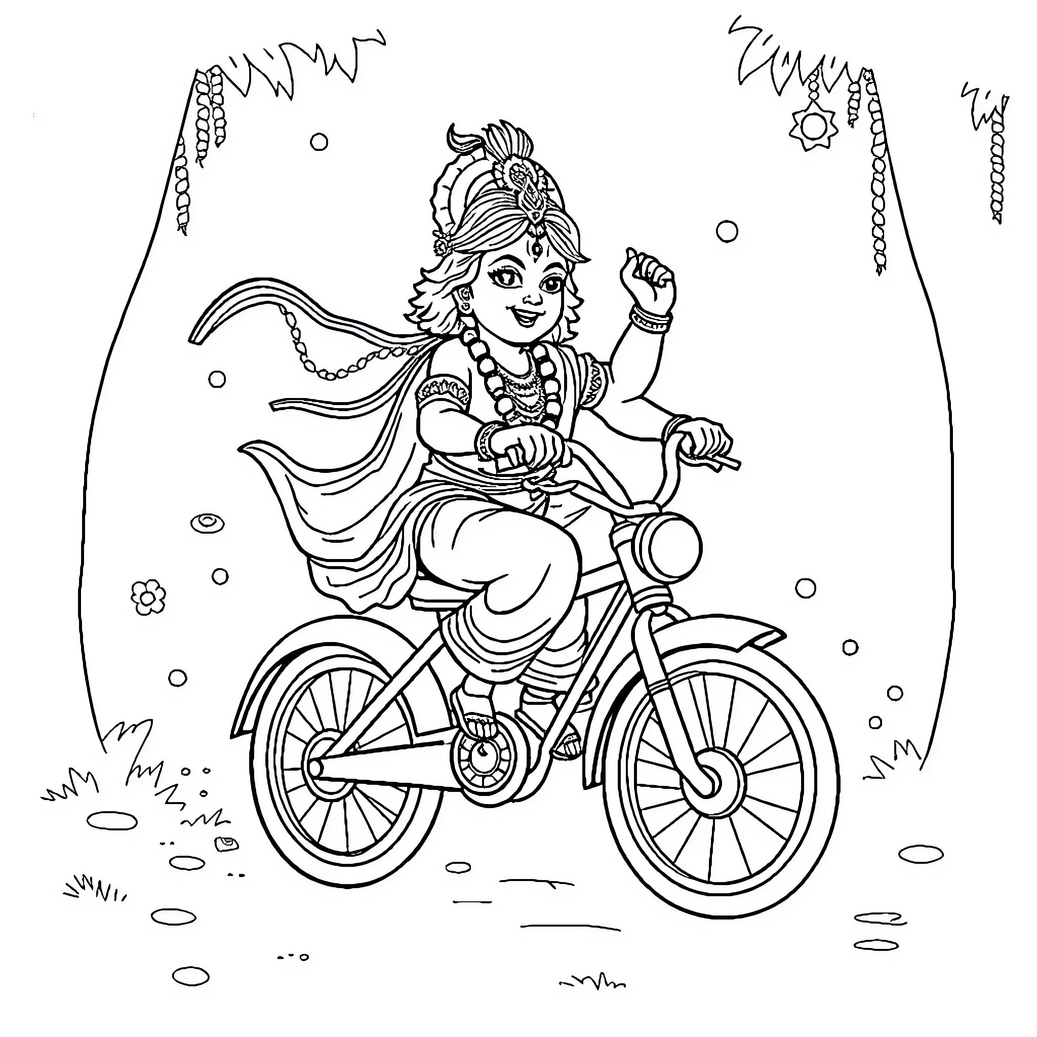 Krishna riding a bicycle with joy Coloring Page (free black-and-white line drawing printable PDF for all, from beginners to advanced learners, including children, teens, adults, and seniors)