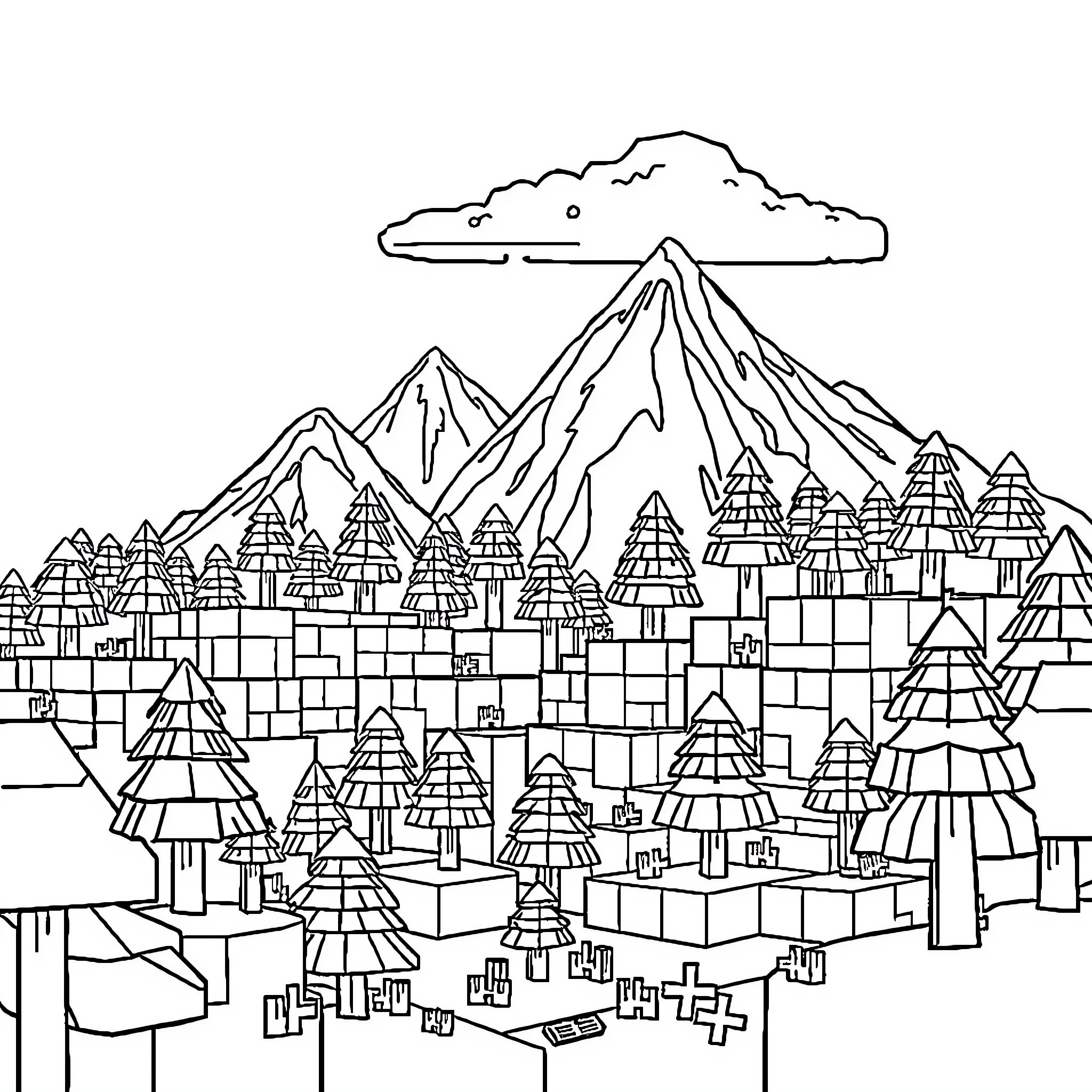 Minecraft Landscape with Mountainous Terrain Coloring Page (free black-and-white line drawing printable PDF for all, from beginners to advanced learners, including children, teens, adults, and seniors)