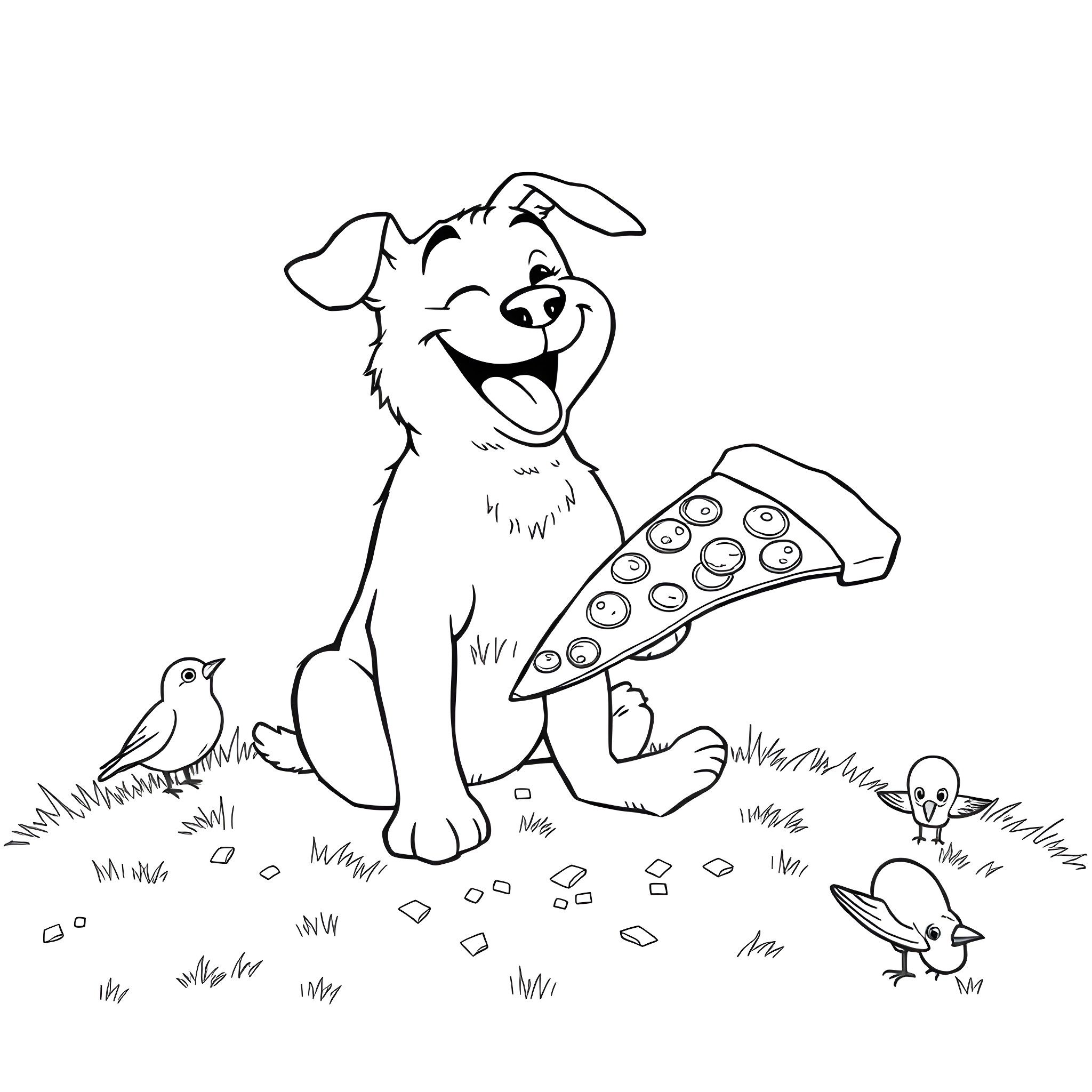 Dog playing with bird and pizza in the park Coloring Page (free black-and-white line drawing printable PDF for all, from beginners to advanced learners, including children, teens, adults, and seniors)