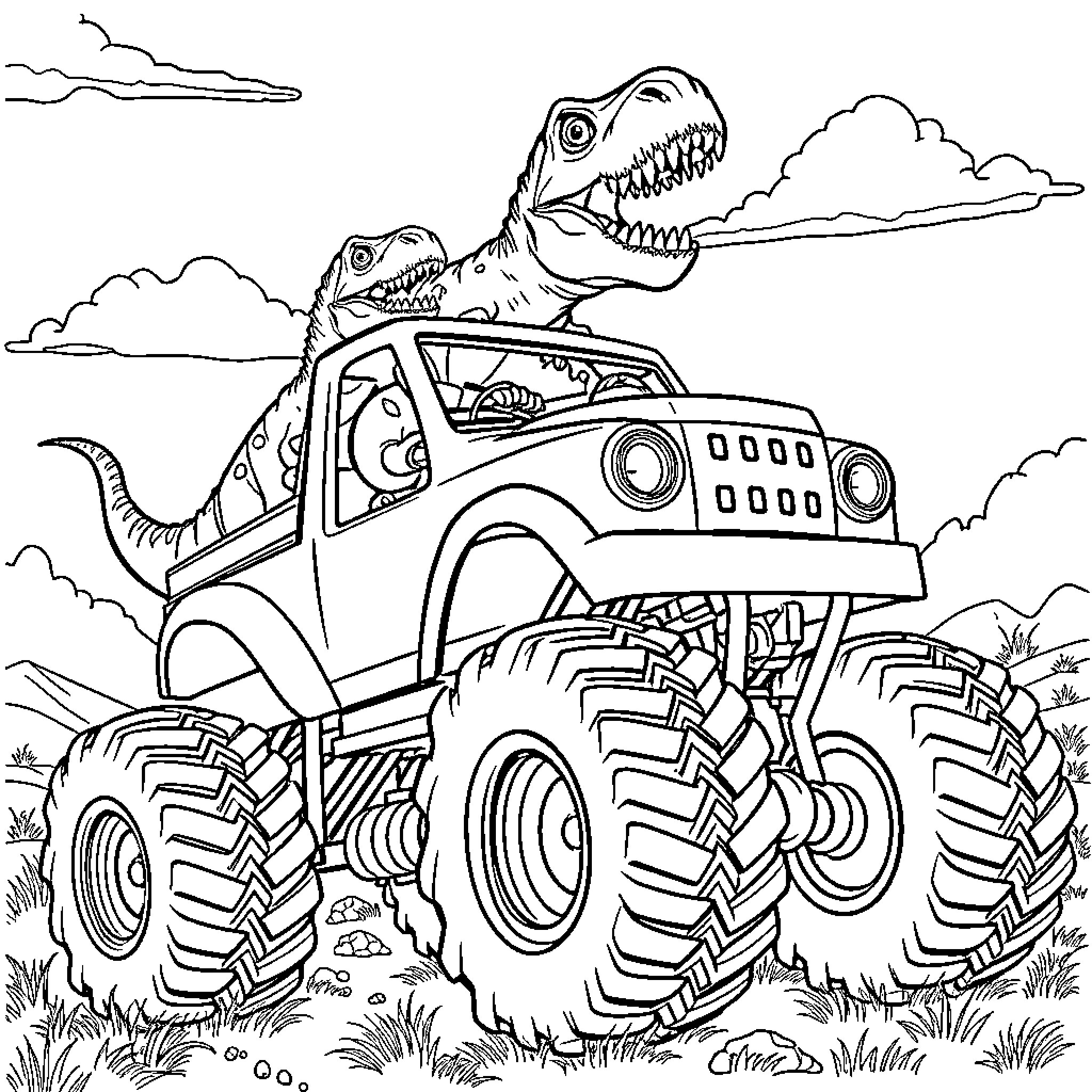 Dinosaur driving a monster truck through the wilderness Coloring Page (free black-and-white line drawing printable PDF for all, from beginners to advanced learners, including children, teens, adults, and seniors)