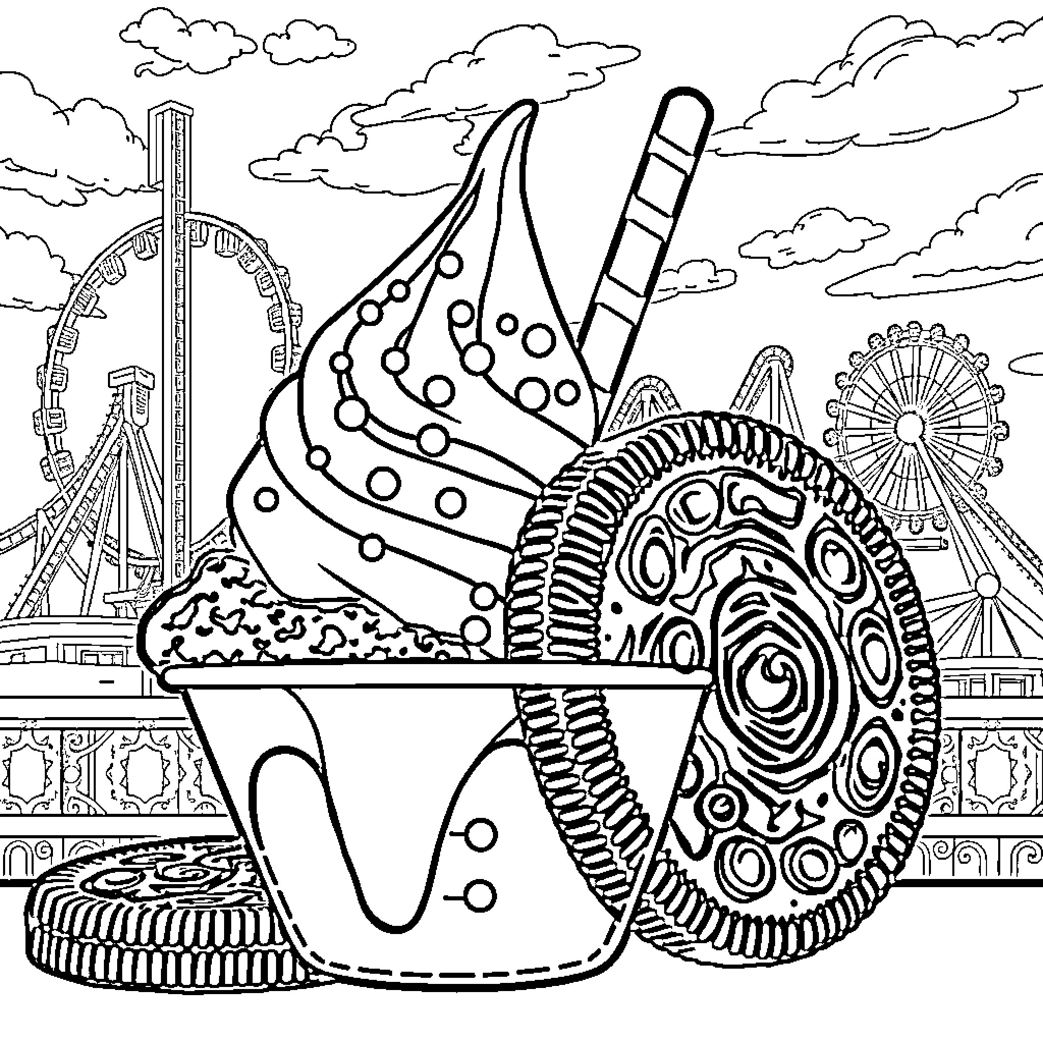 Oreo-themed Amusement Park Scene Coloring Page (free black-and-white line drawing printable PDF for all, from beginners to advanced learners, including children, teens, adults, and seniors)