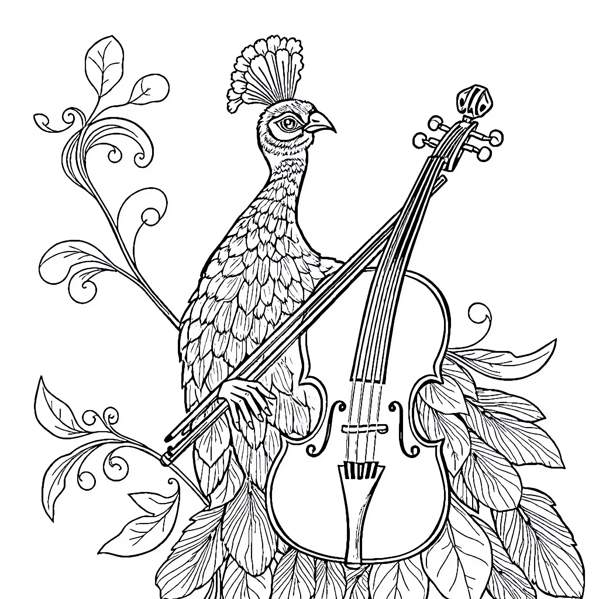 Peacock playing a violin surrounded by flourishing plants Coloring Page (free black-and-white line drawing printable PDF for all, from beginners to advanced learners, including children, teens, adults, and seniors)