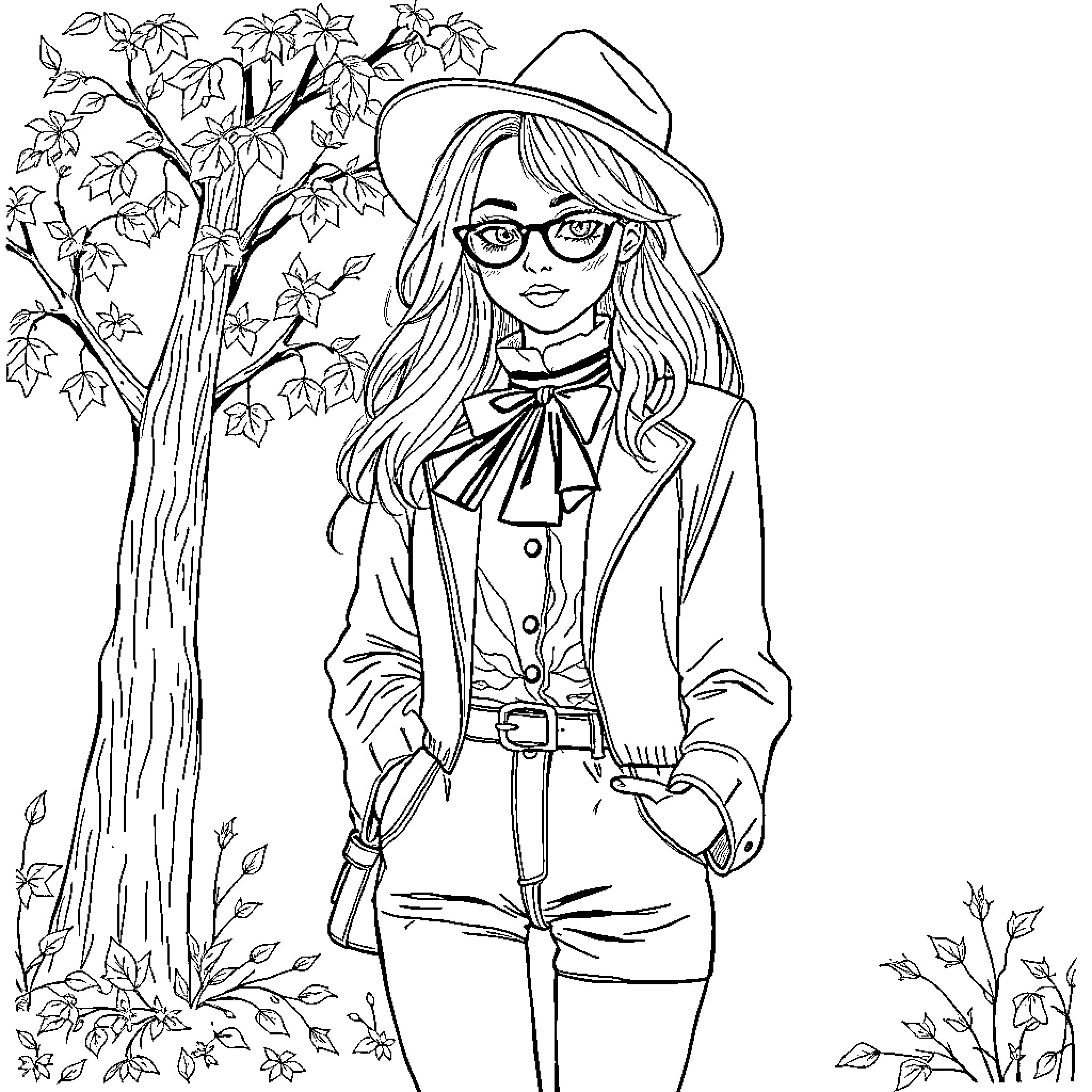 Girl in Autumn Attire Enjoying Nature Coloring Page (free black-and-white line drawing printable PDF for all, from beginners to advanced learners, including children, teens, adults, and seniors)