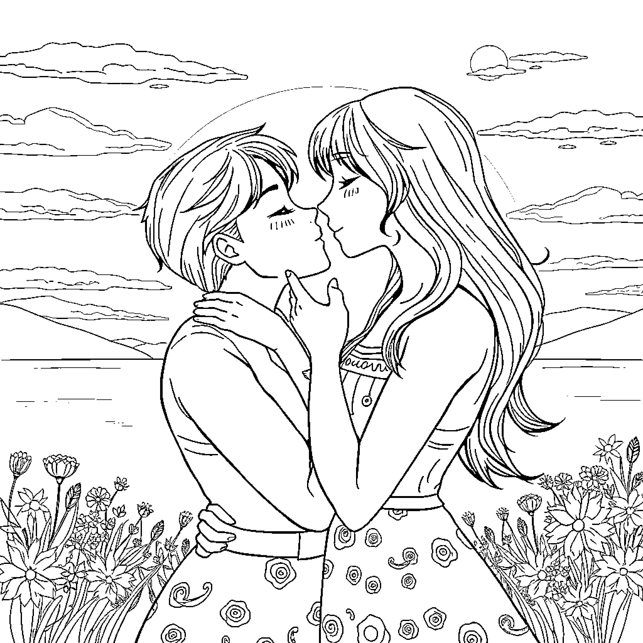 Alya's Romantic Sunset Embrace Coloring Page (free black-and-white line drawing printable PDF for all, from beginners to advanced learners, including children, teens, adults, and seniors)