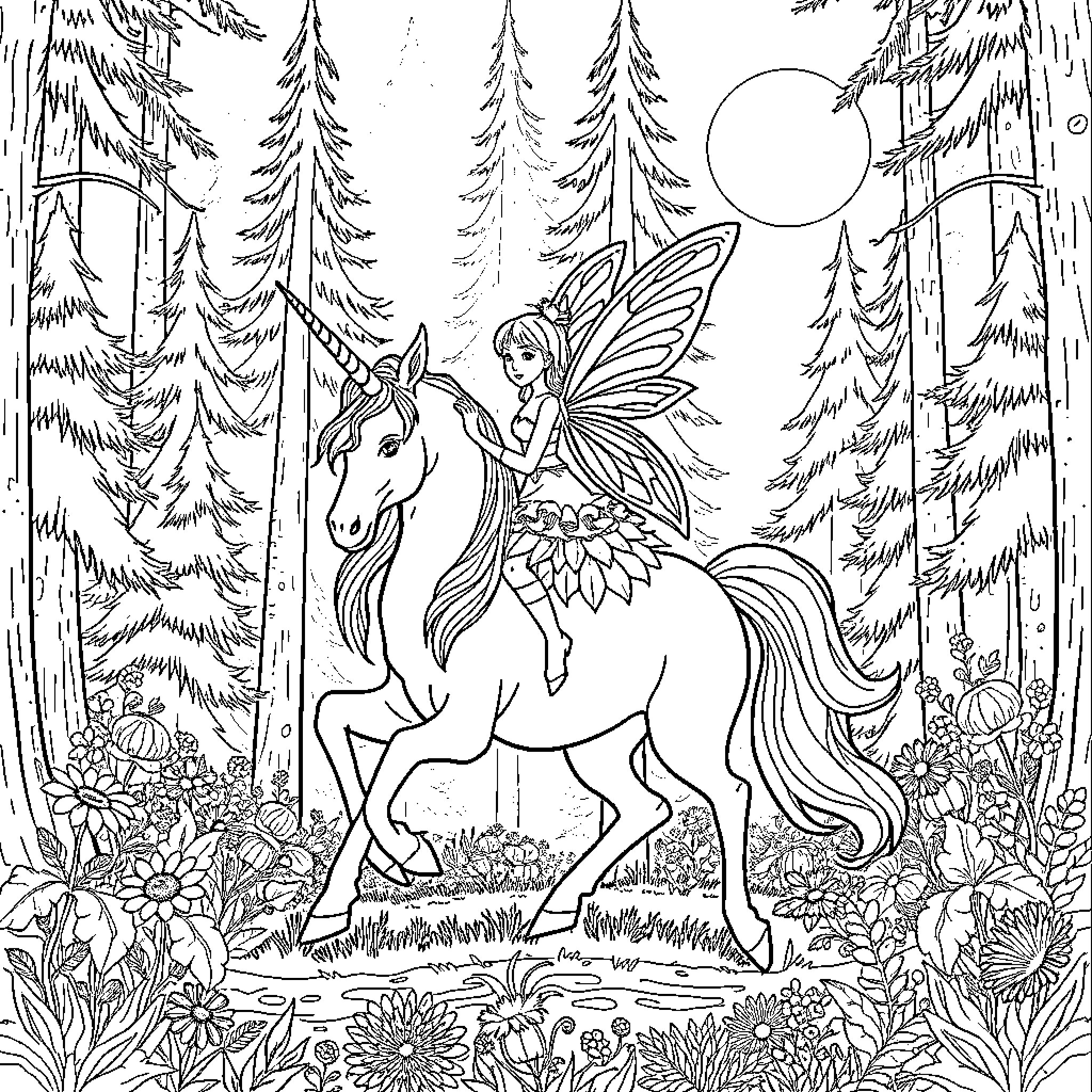 Fairy and Unicorn in Magical Forest Landscape Coloring Page (free black-and-white line drawing printable PDF for all, from beginners to advanced learners, including children, teens, adults, and seniors)