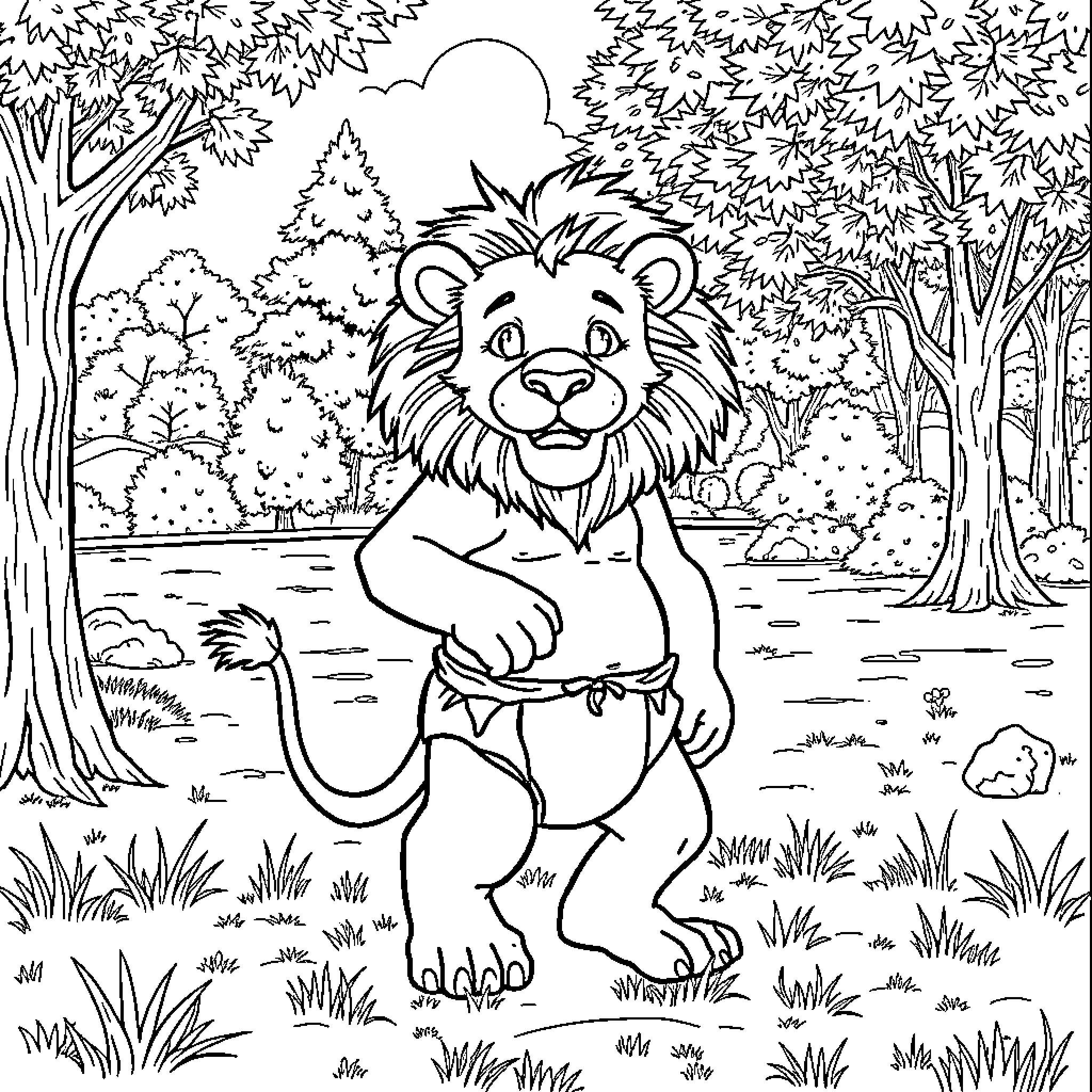 Lion relaxing in the forest Coloring Page (free black-and-white line drawing printable PDF for all, from beginners to advanced learners, including children, teens, adults, and seniors)