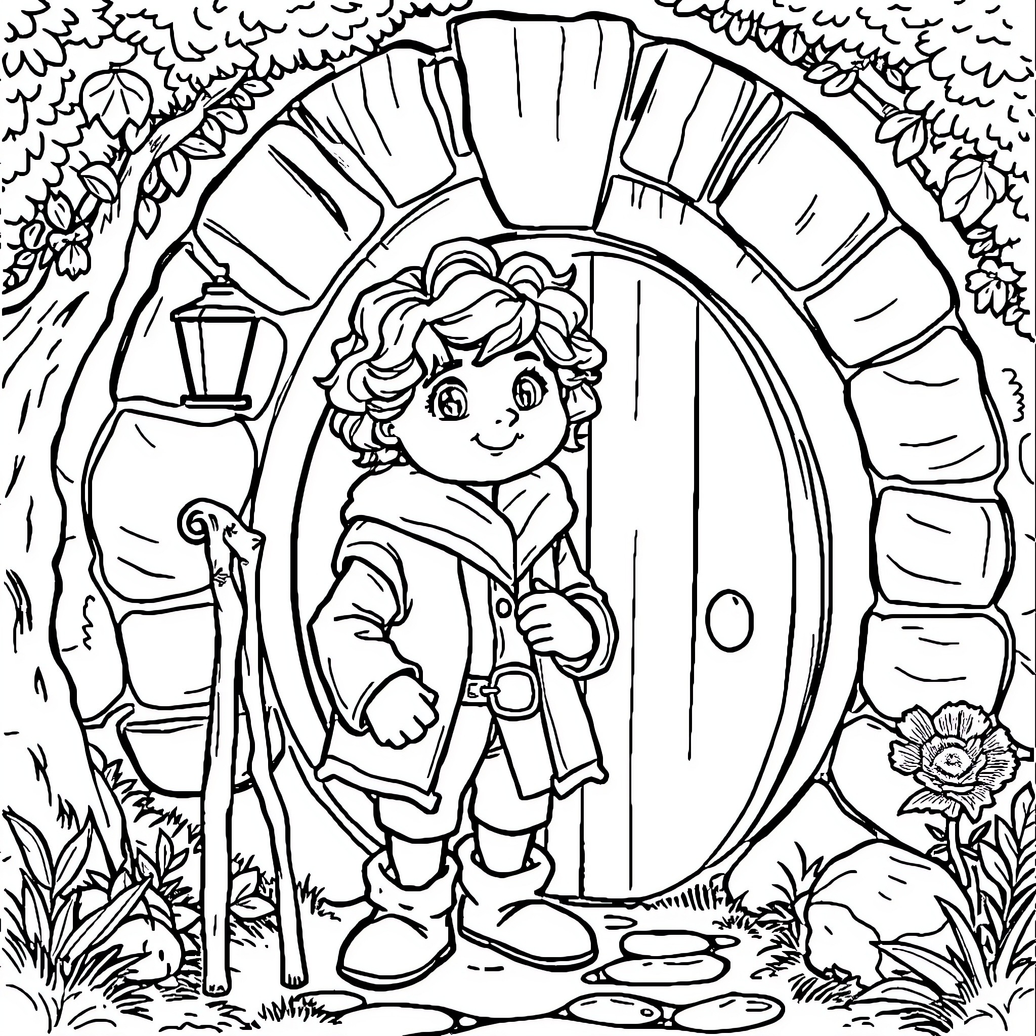 Bilbo Baggins exploring the enchanted forest Coloring Page (free black-and-white line drawing printable PDF for all, from beginners to advanced learners, including children, teens, adults, and seniors)