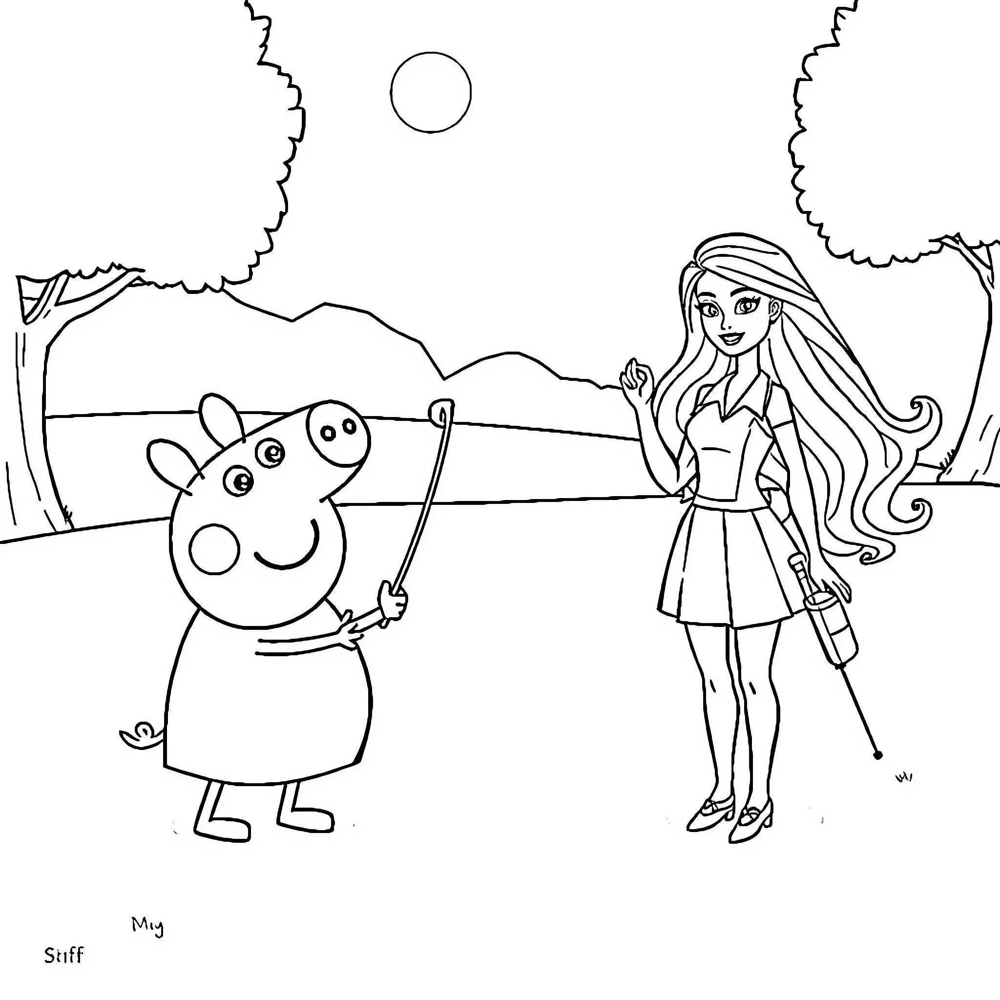 Peppa Pig and her friend playing outdoors Coloring Page (free black-and-white line drawing printable PDF for all, from beginners to advanced learners, including children, teens, adults, and seniors)