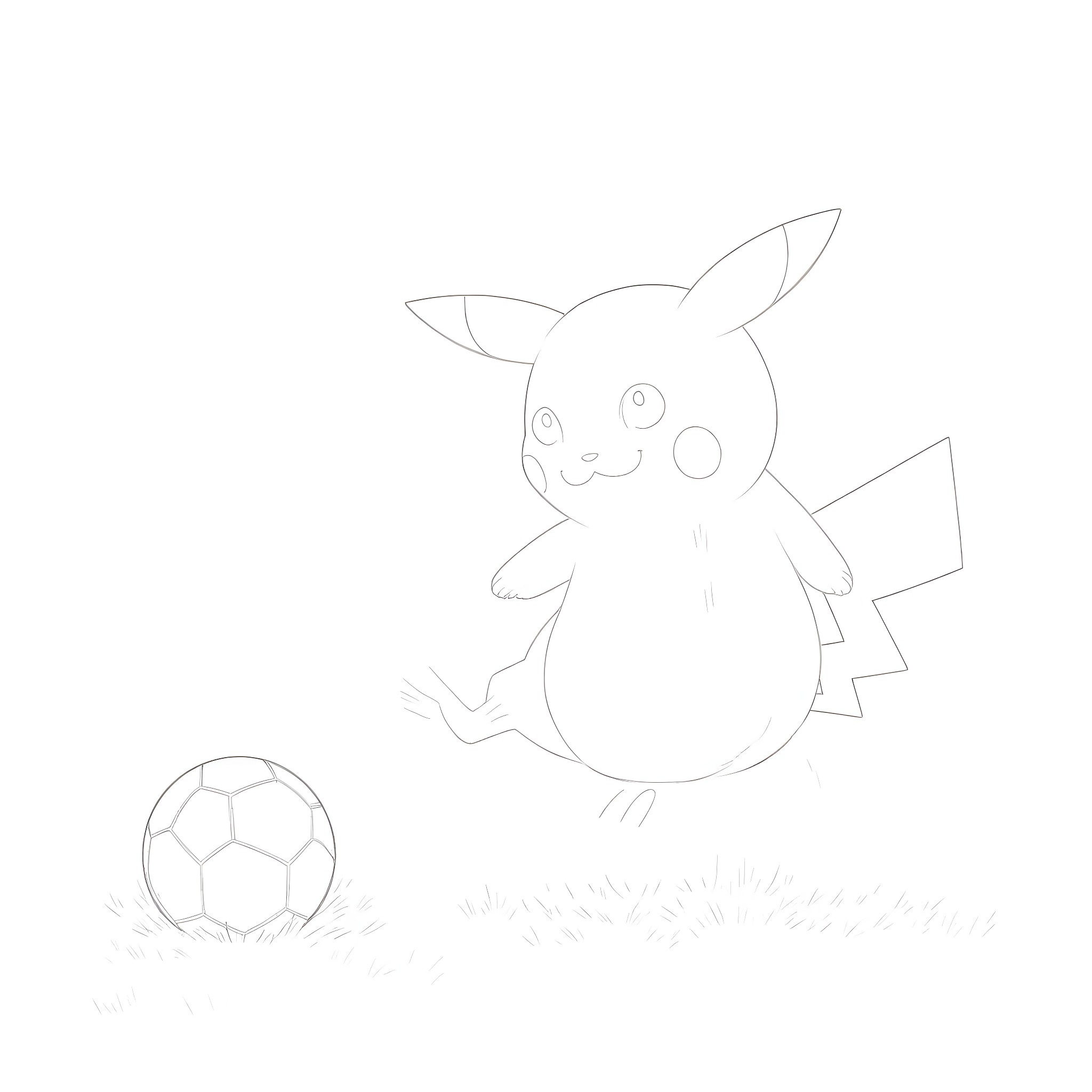 Pikachu playing with a soccer ball Coloring Page (free black-and-white line drawing printable PDF for all, from beginners to advanced learners, including children, teens, adults, and seniors)