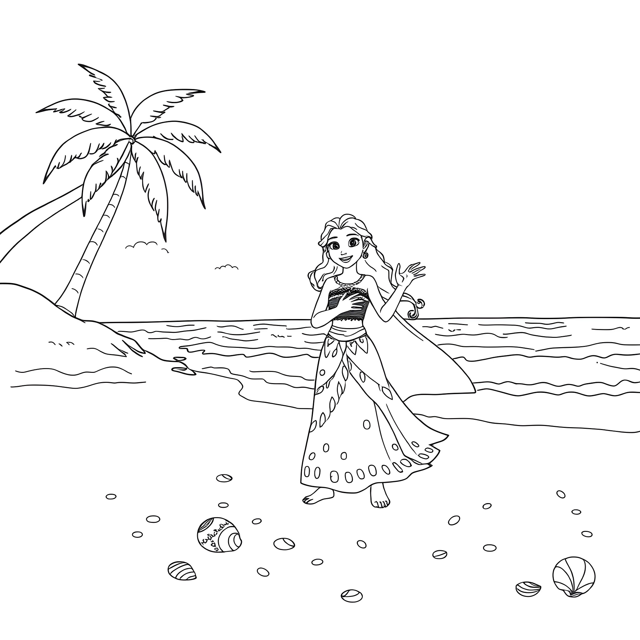 Moana enjoying a peaceful day at the beach Coloring Page (free black-and-white line drawing printable PDF for all, from beginners to advanced learners, including children, teens, adults, and seniors)