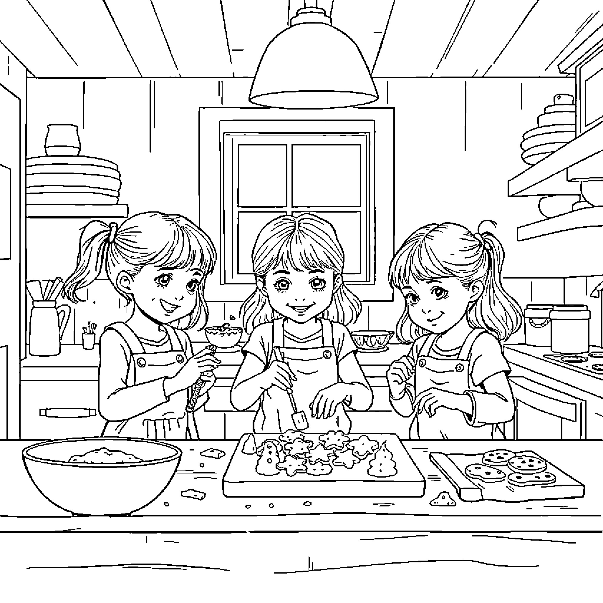 Girls Baking Cookies Together in the Kitchen Coloring Page (free black-and-white line drawing printable PDF for all, from beginners to advanced learners, including children, teens, adults, and seniors)