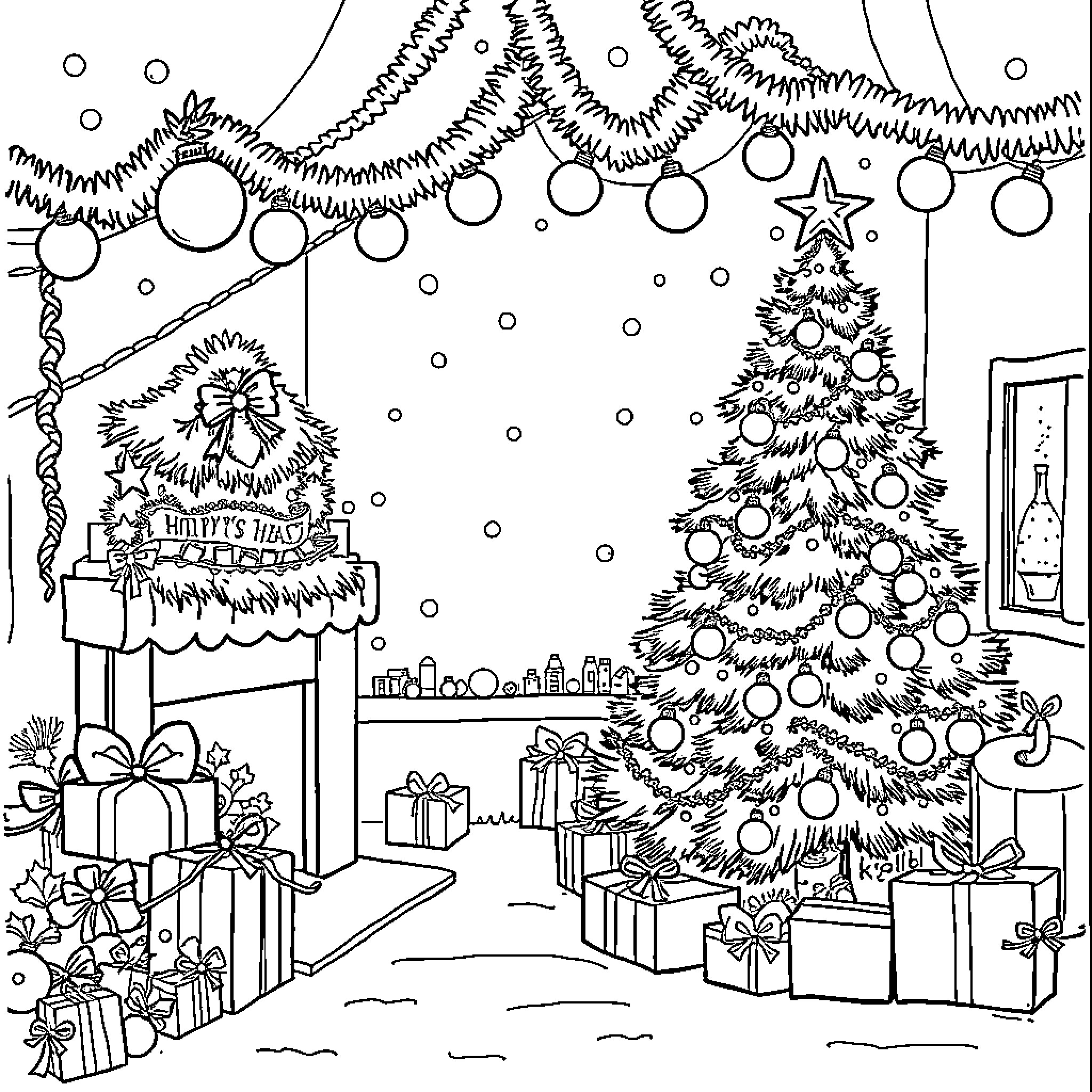 Christmas indoor holiday scene with decorated tree and presents Coloring Page (free black-and-white line drawing printable PDF for all, from beginners to advanced learners, including children, teens, adults, and seniors)