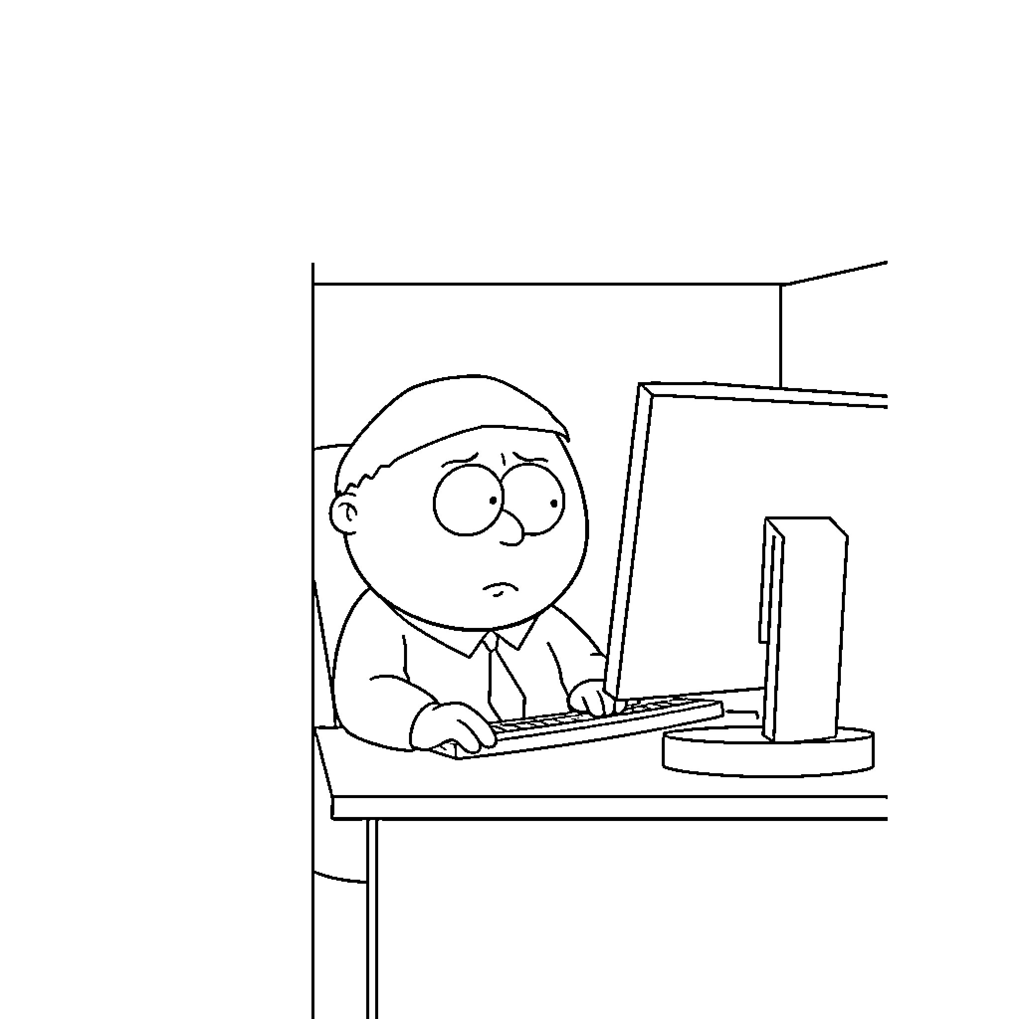 Cartman working diligently on a computer Coloring Page (free black-and-white line drawing printable PDF for all, from beginners to advanced learners, including children, teens, adults, and seniors)