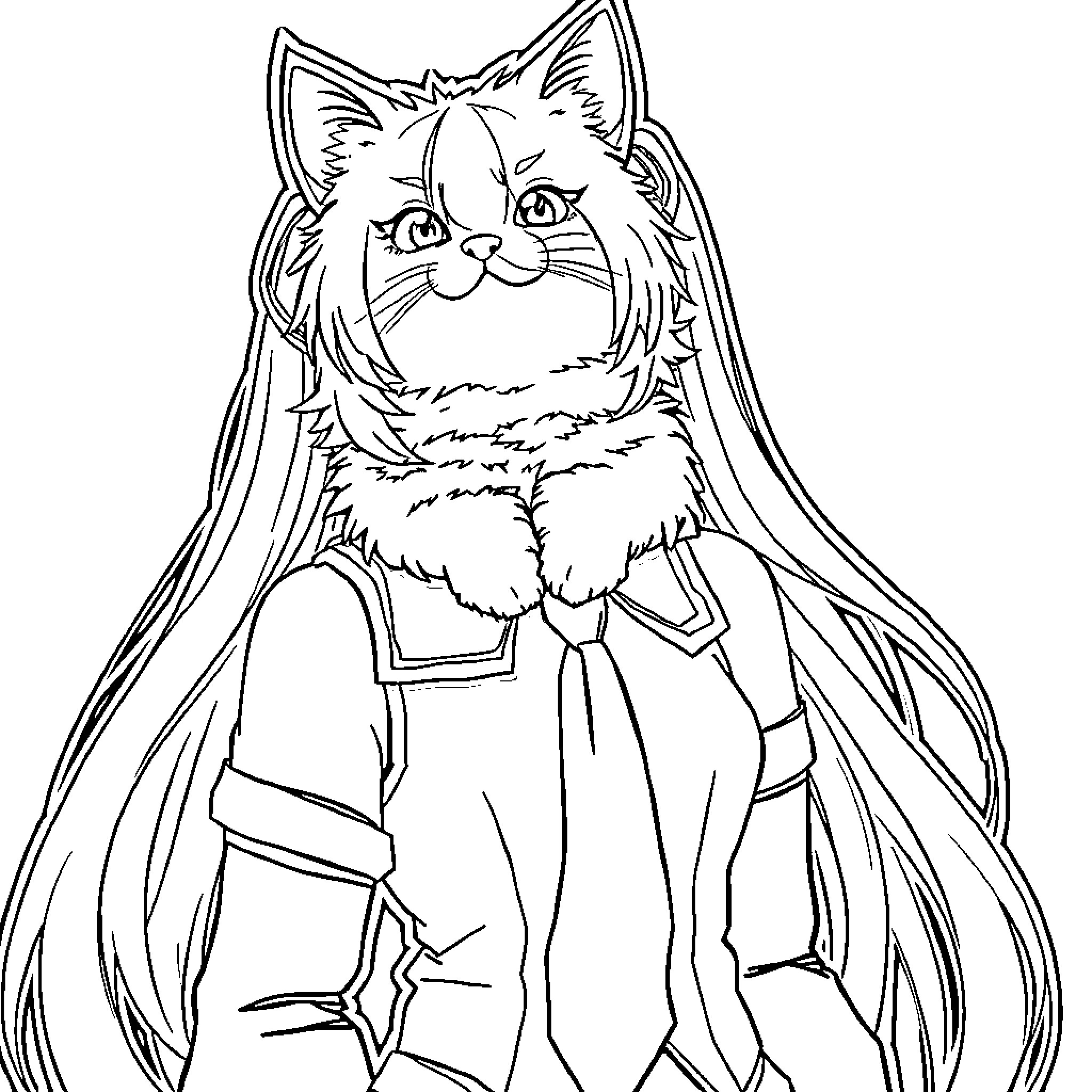 Cat in anime-style outfit Coloring Page (free black-and-white line drawing printable PDF for all, from beginners to advanced learners, including children, teens, adults, and seniors)