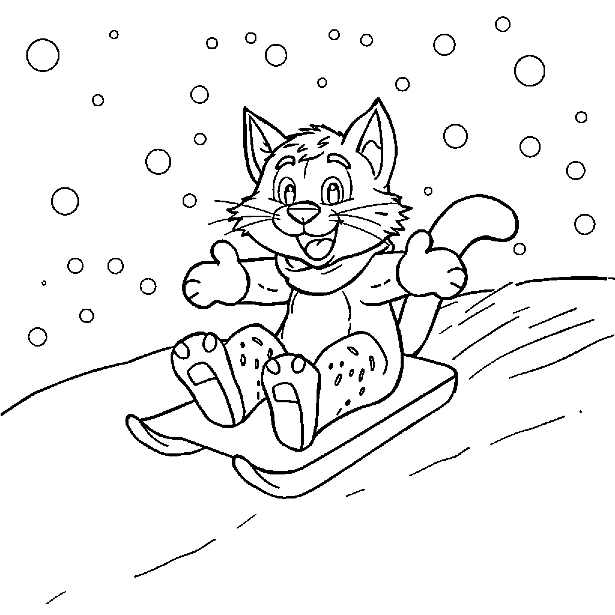 Wildcat sledding through winter wonderland Coloring Page (free black-and-white line drawing printable PDF for all, from beginners to advanced learners, including children, teens, adults, and seniors)
