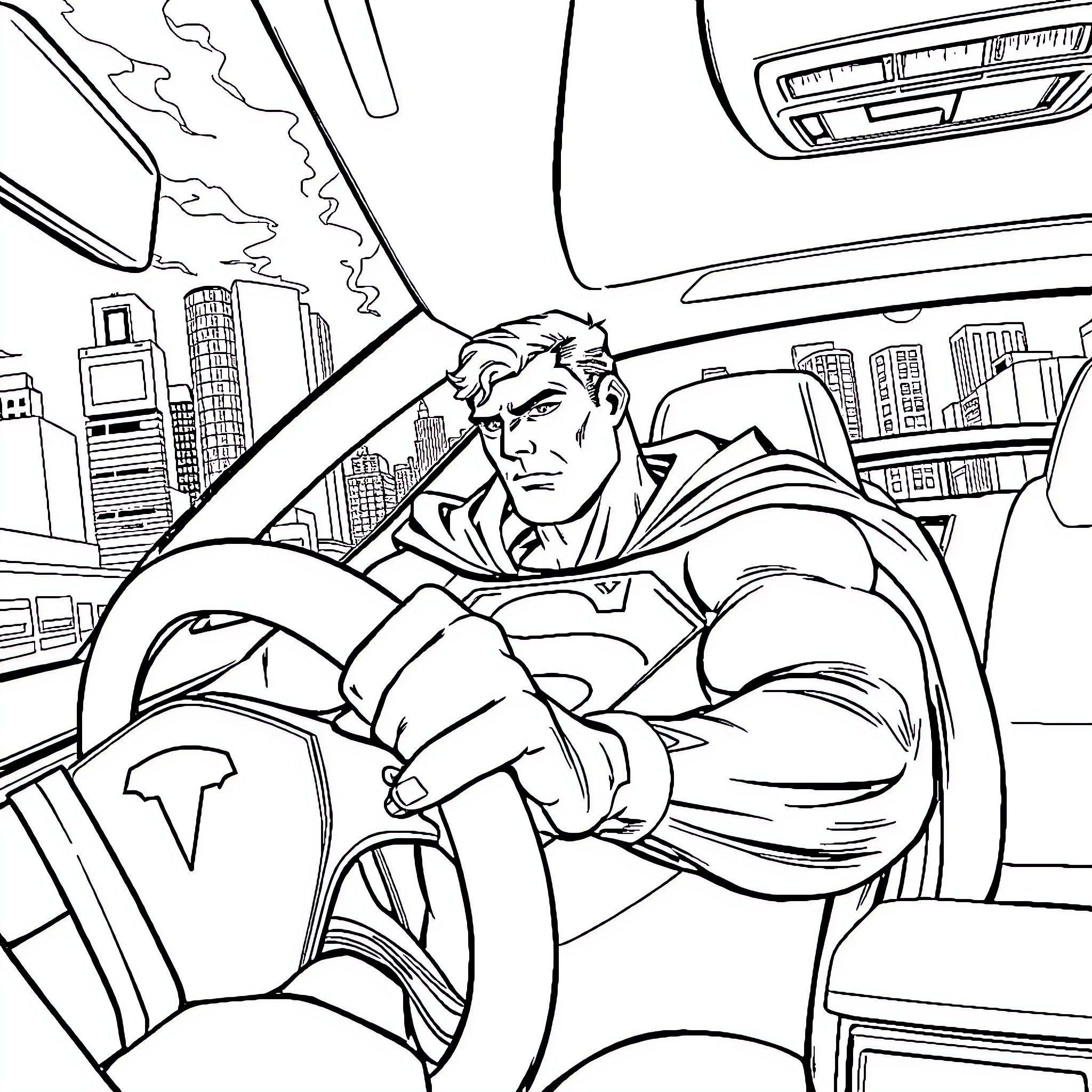 Superman driving through city in a car Coloring Page (free black-and-white line drawing printable PDF for all, from beginners to advanced learners, including children, teens, adults, and seniors)