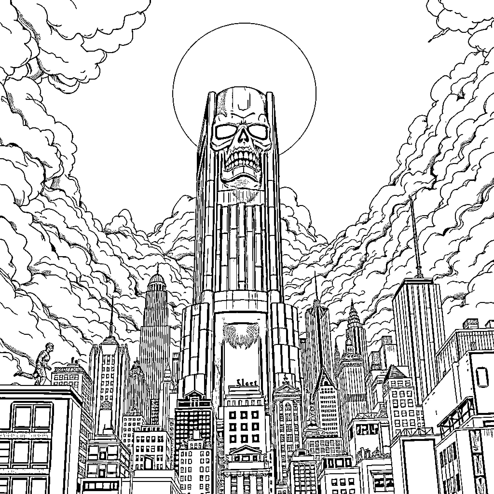 Titan's Foreboding Dominance Over the City Coloring Page (free black-and-white line drawing printable PDF for all, from beginners to advanced learners, including children, teens, adults, and seniors)