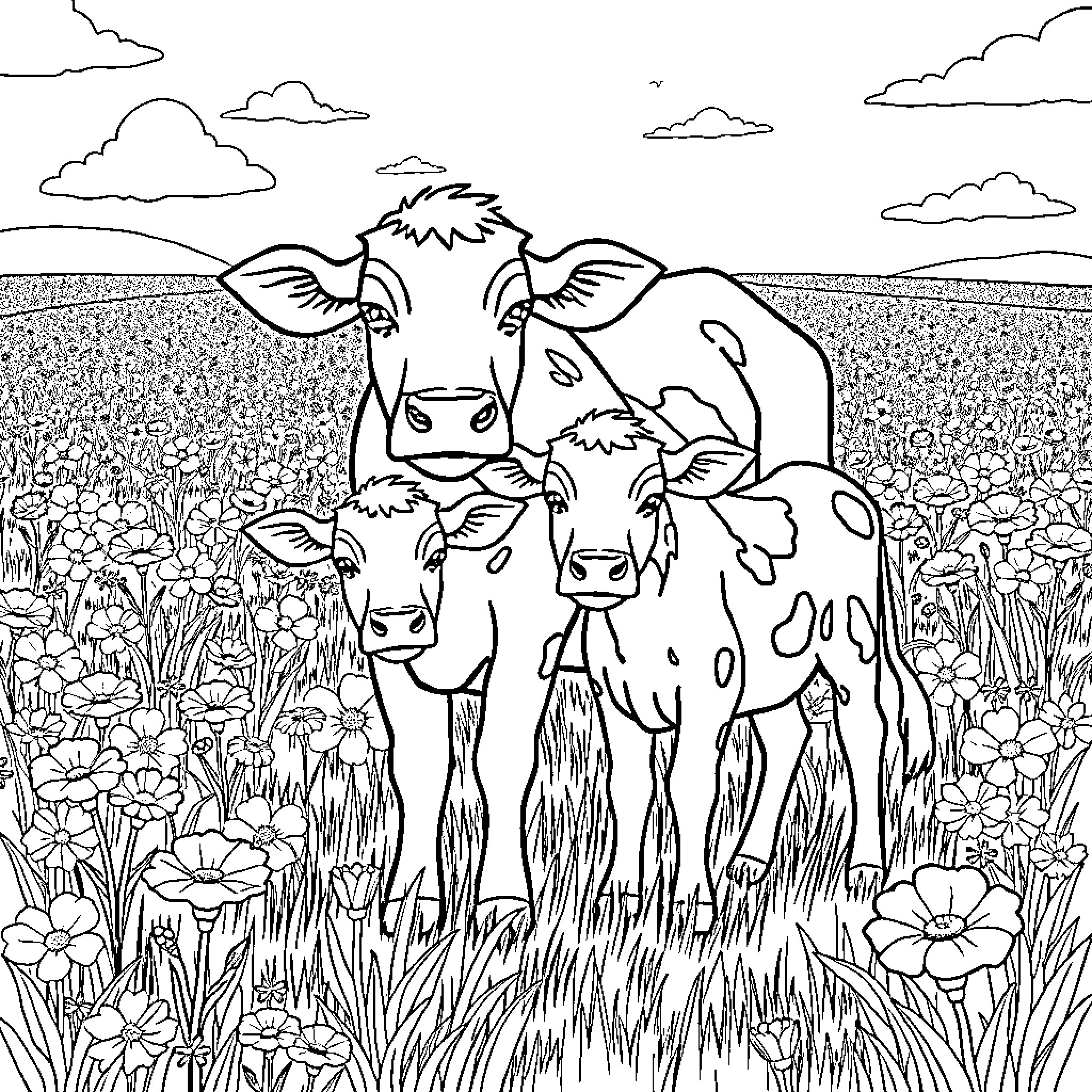 Cow Trio Grazing in a Vibrant Field Coloring Page (free black-and-white line drawing printable PDF for all, from beginners to advanced learners, including children, teens, adults, and seniors)