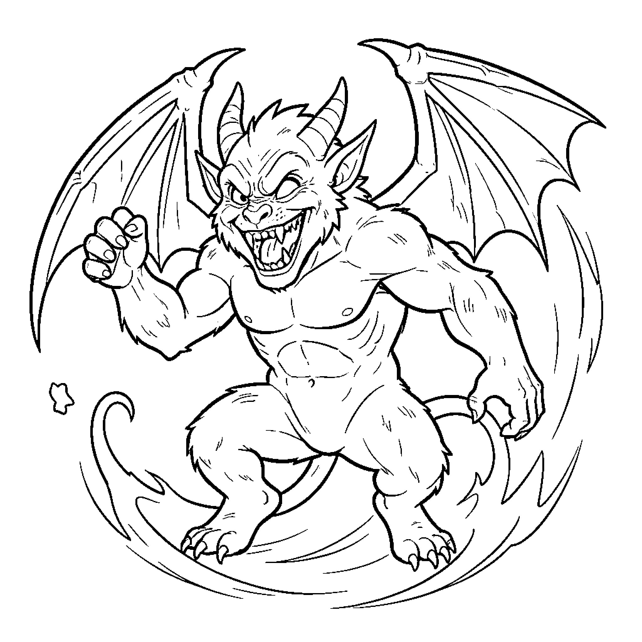 Tasmanian Devil in Fierce Demonic Pose Coloring Page (free black-and-white line drawing printable PDF for all, from beginners to advanced learners, including children, teens, adults, and seniors)