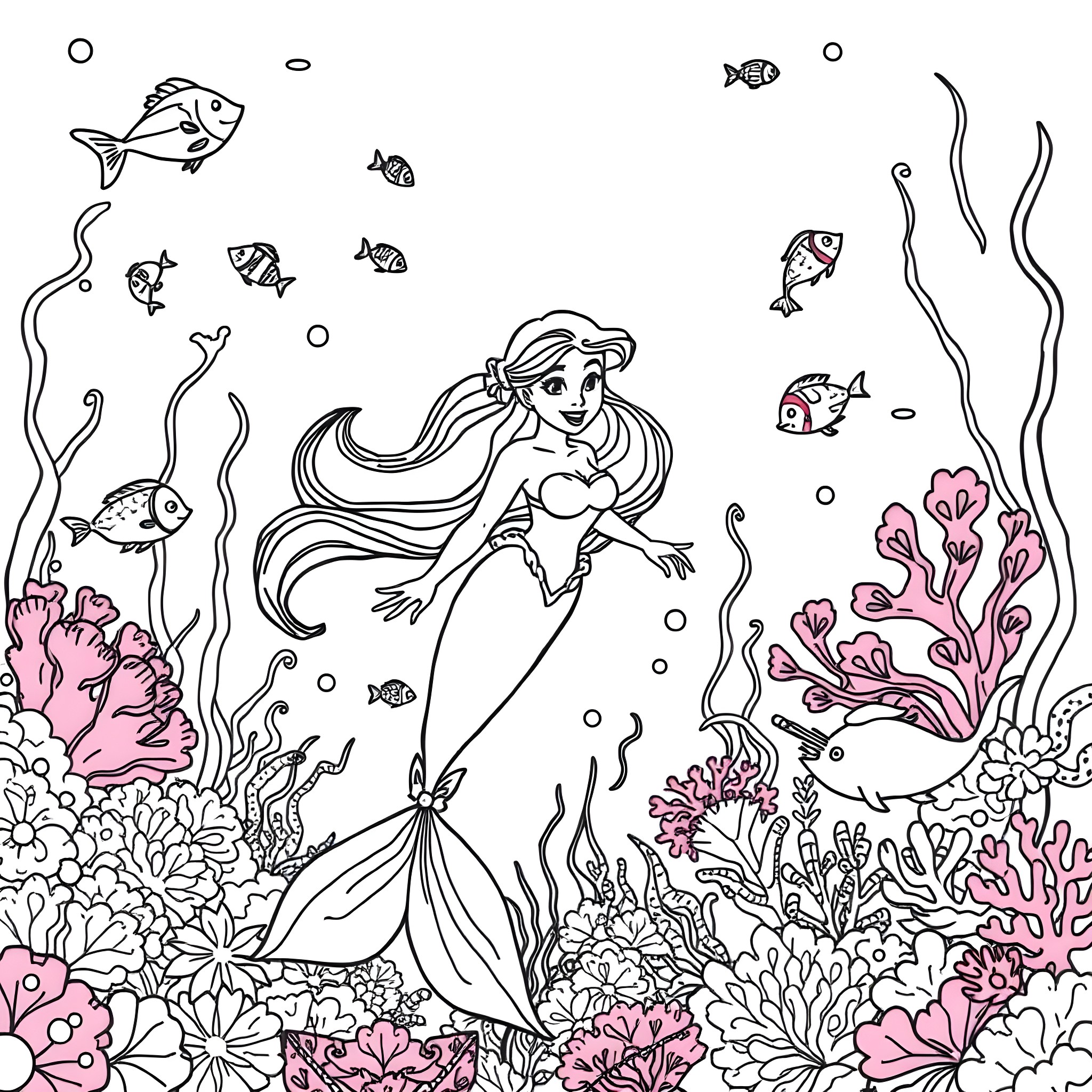 Ariel swimming gracefully in the underwater coral reef Coloring Page (free black-and-white line drawing printable PDF for all, from beginners to advanced learners, including children, teens, adults, and seniors)
