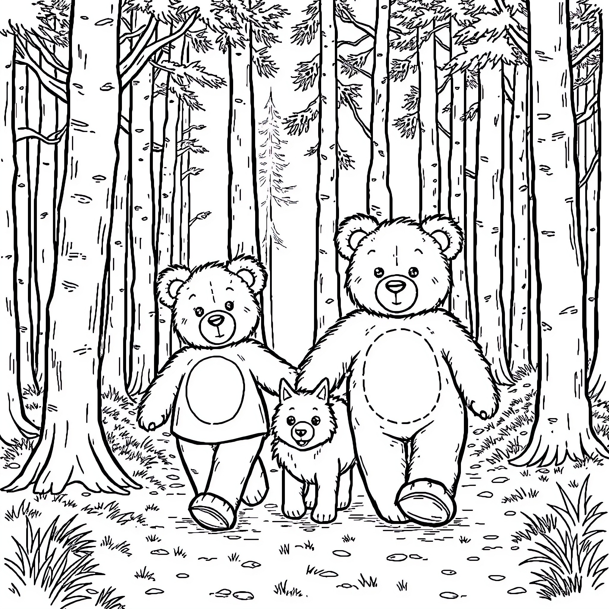 Teddy Bears Strolling Through a Wooded Wonderland Coloring Page (free black-and-white line drawing printable PDF for all, from beginners to advanced learners, including children, teens, adults, and seniors)