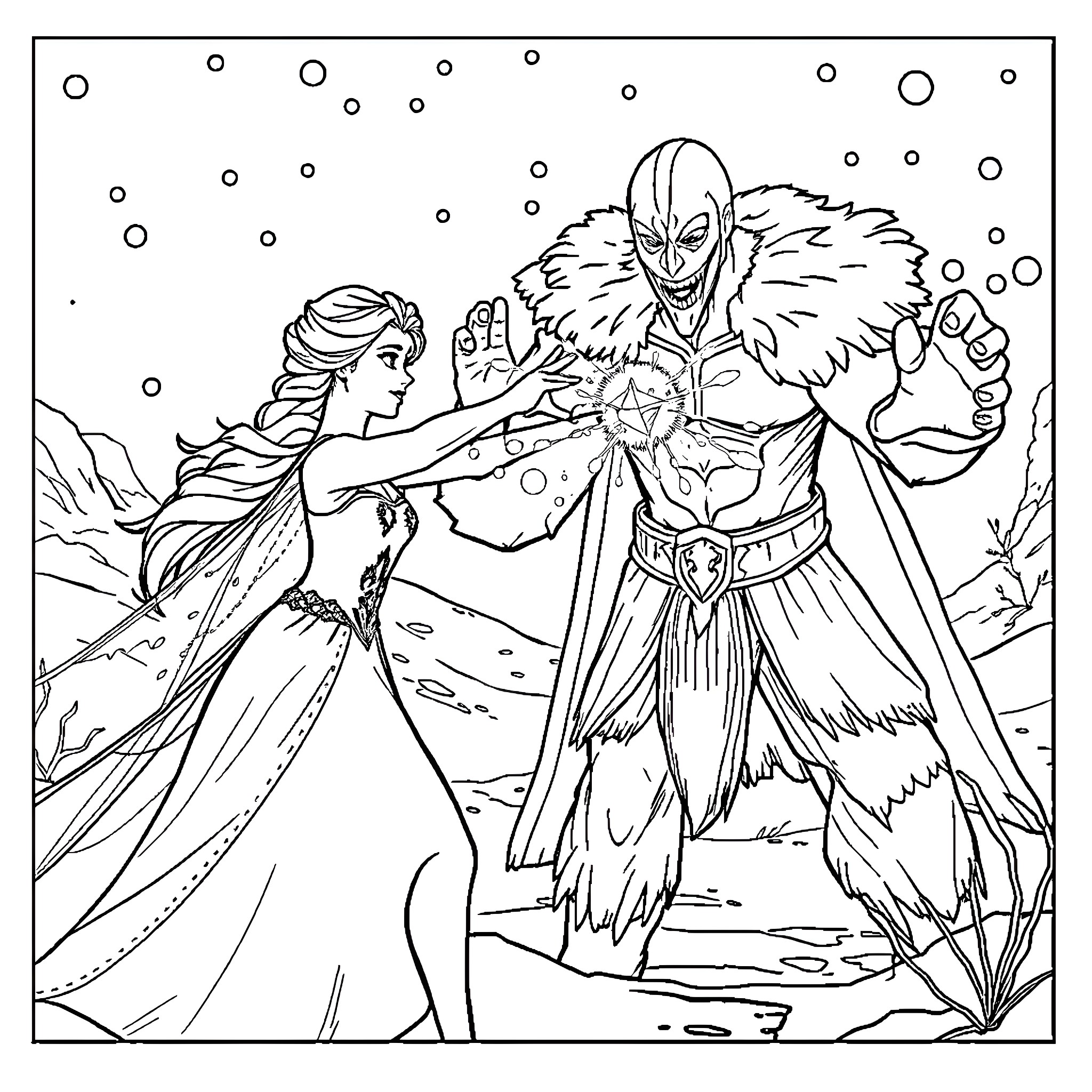 Elsa confronting a fearsome ice monster Coloring Page (free black-and-white line drawing printable PDF for all, from beginners to advanced learners, including children, teens, adults, and seniors)