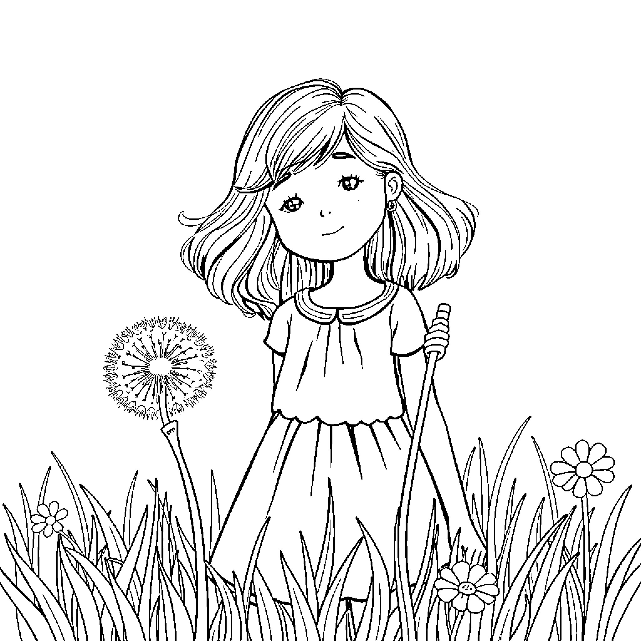 Girl exploring a flowery meadow Coloring Page (free black-and-white line drawing printable PDF for all, from beginners to advanced learners, including children, teens, adults, and seniors)