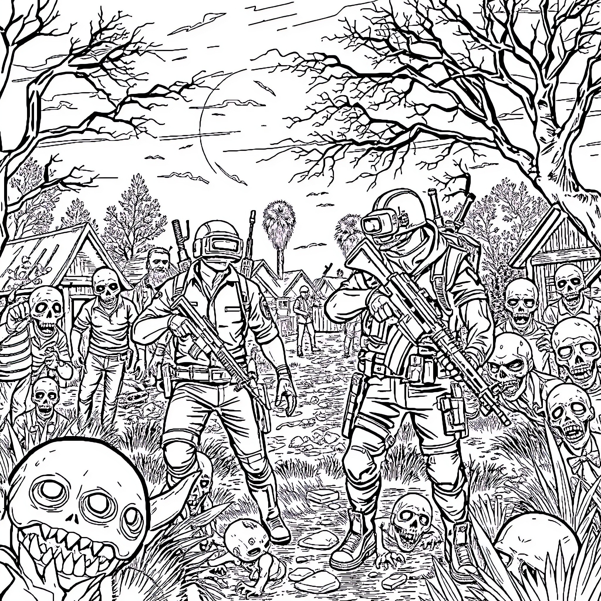 Zombies in a post-apocalyptic wasteland Coloring Page (free black-and-white line drawing printable PDF for all, from beginners to advanced learners, including children, teens, adults, and seniors)
