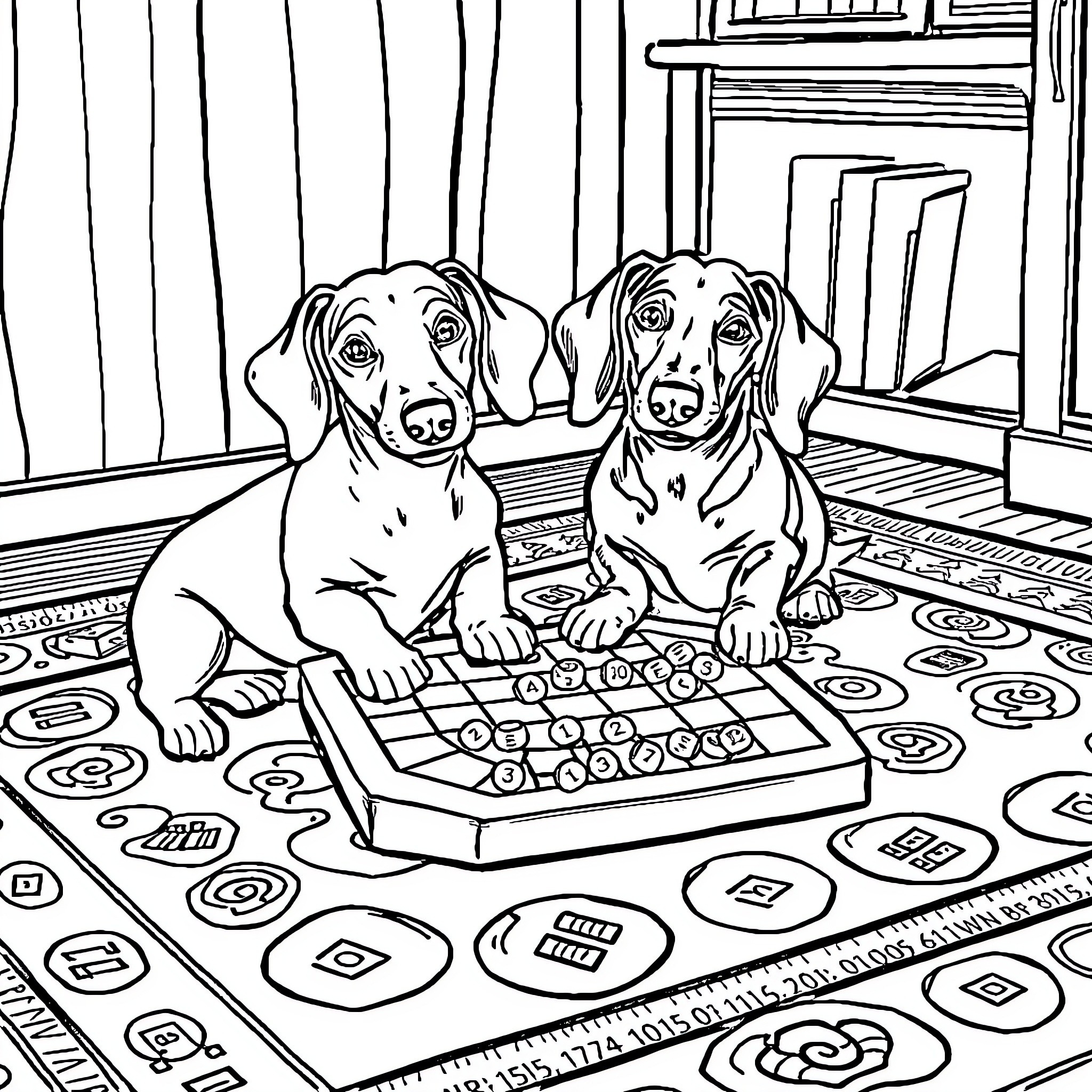 Dachshund Dogs Playing Board Game on Colorful Floor Coloring Page (free black-and-white line drawing printable PDF for all, from beginners to advanced learners, including children, teens, adults, and seniors)