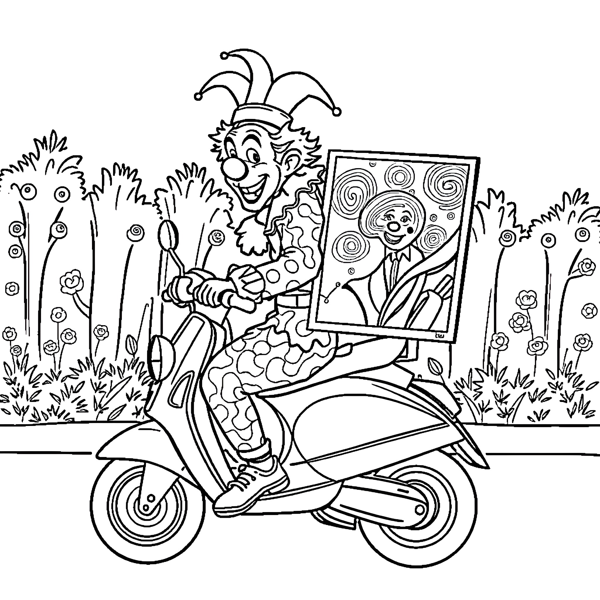 Clown riding a scooter with a painted portrait Coloring Page (free black-and-white line drawing printable PDF for all, from beginners to advanced learners, including children, teens, adults, and seniors)