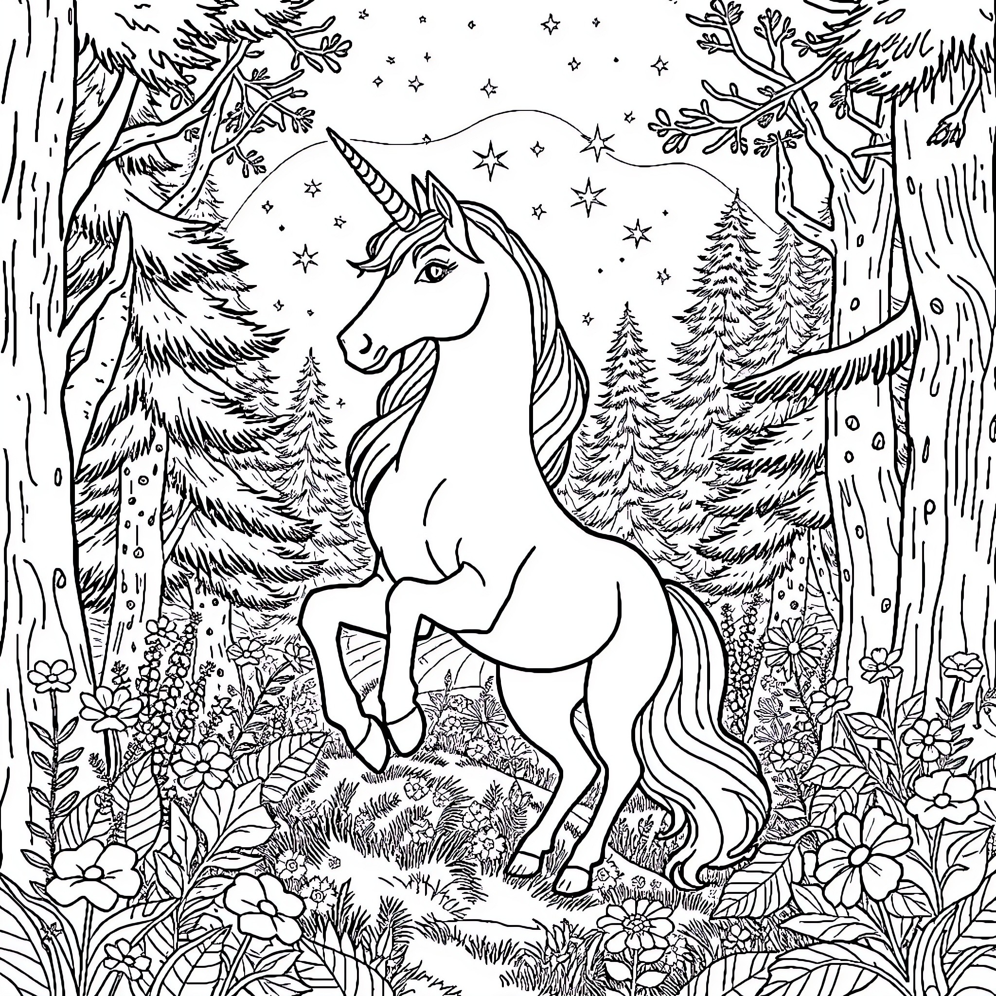 Unicorn in a Magical Forest Landscape Coloring Page (free black-and-white line drawing printable PDF for all, from beginners to advanced learners, including children, teens, adults, and seniors)