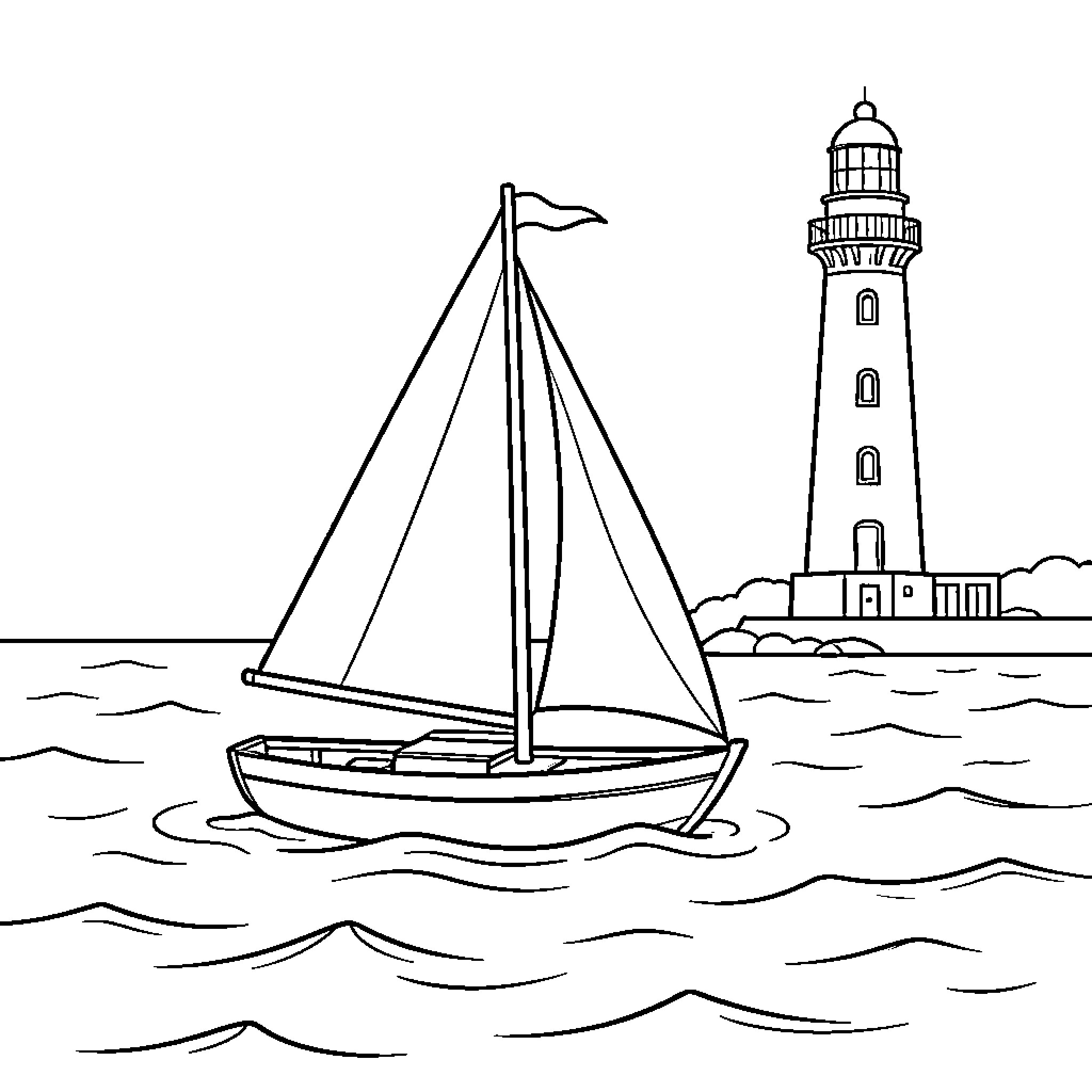 Sail Boat floating on waves near a lighthouse Coloring Page (free black-and-white line drawing printable PDF for all, from beginners to advanced learners, including children, teens, adults, and seniors)