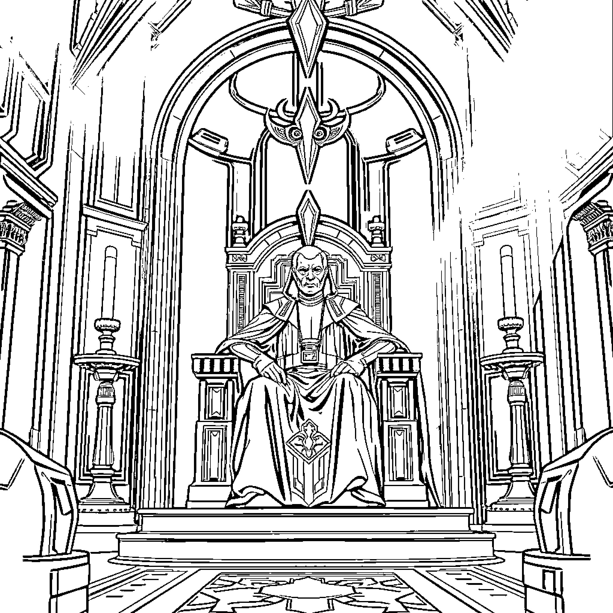 Chancellor presiding over a grand ceremonial hall Coloring Page (free black-and-white line drawing printable PDF for all, from beginners to advanced learners, including children, teens, adults, and seniors)