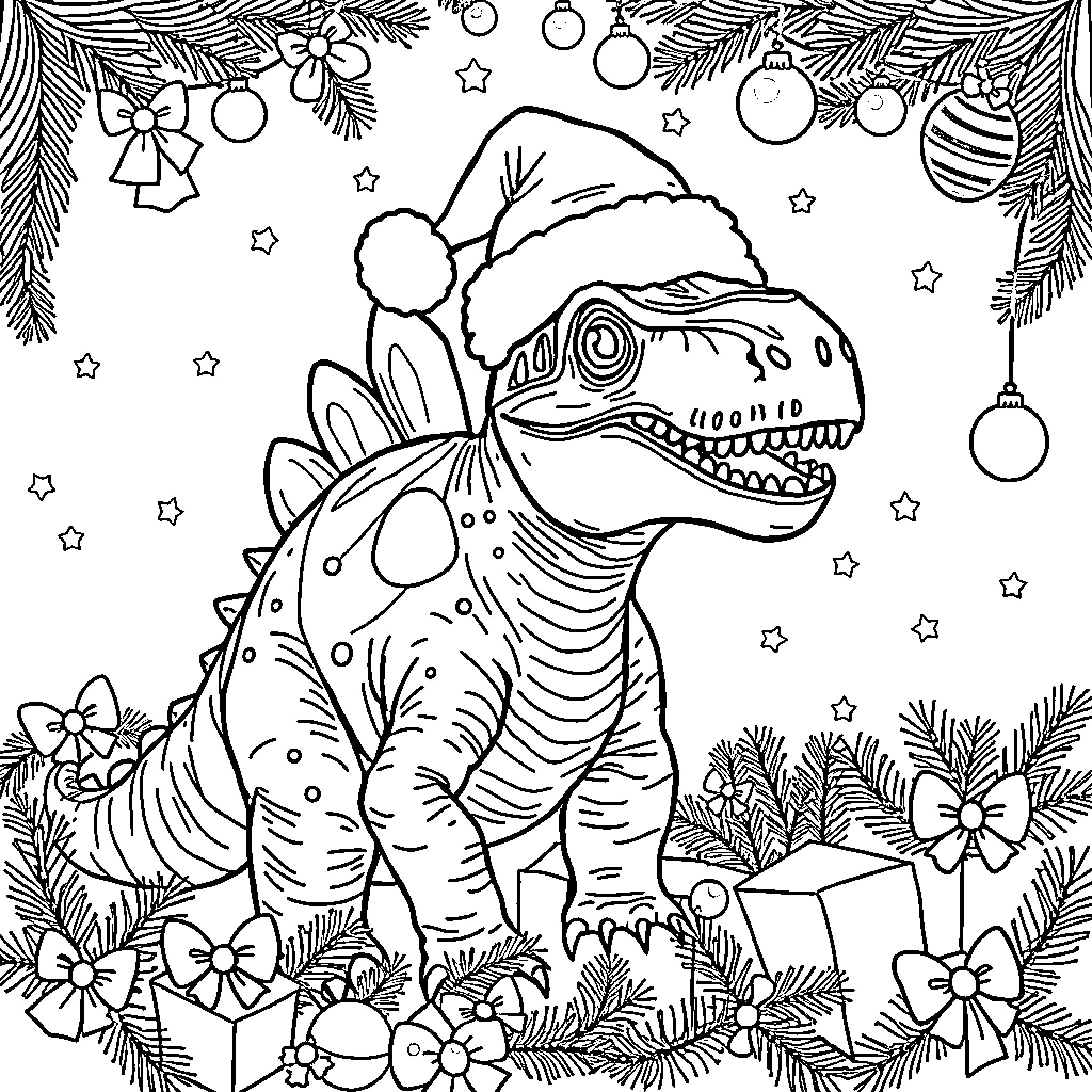 Spinosaurus celebrating Christmas in the wild Coloring Page (free black-and-white line drawing printable PDF for all, from beginners to advanced learners, including children, teens, adults, and seniors)