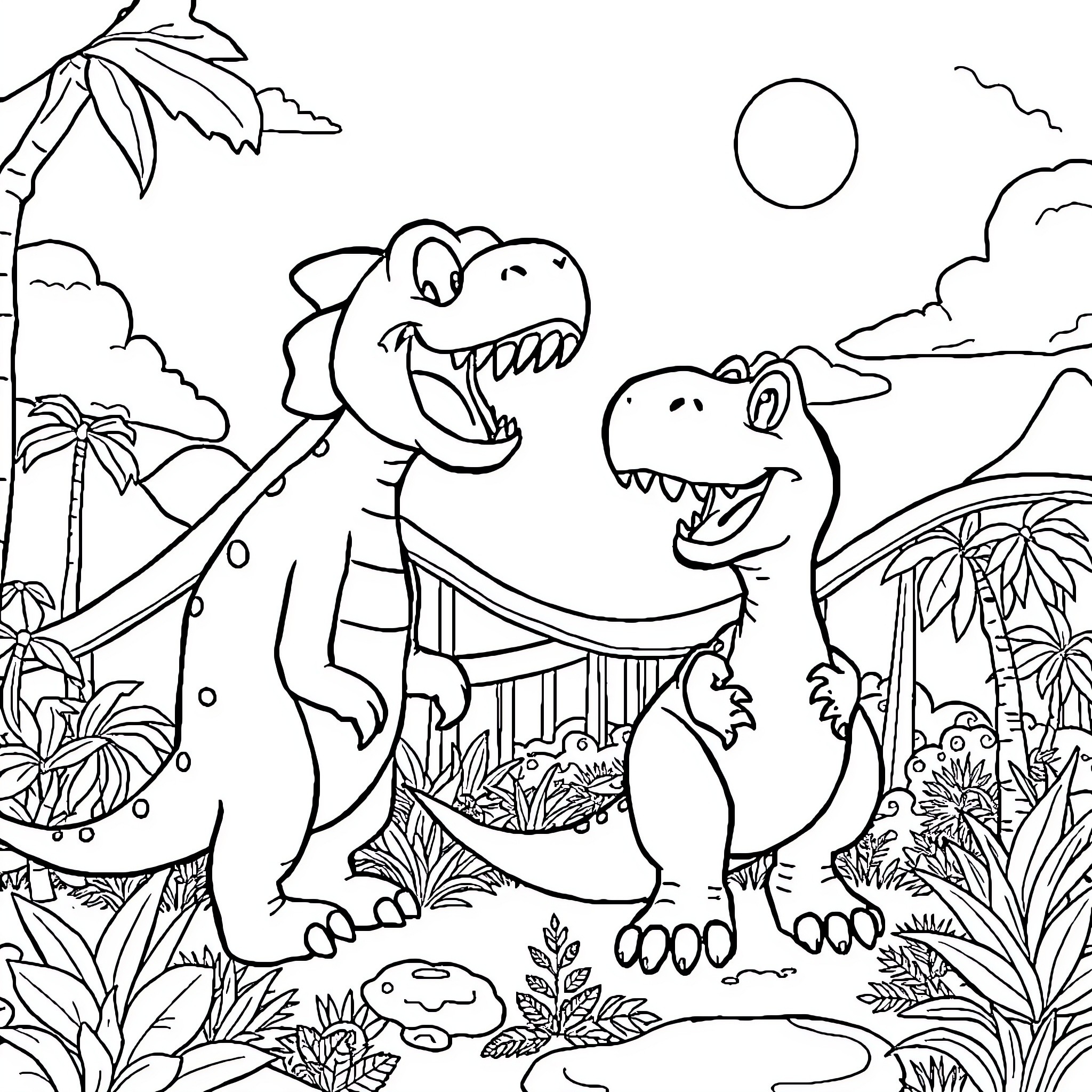 Dinosaurs playing together in a tropical jungle Coloring Page (free black-and-white line drawing printable PDF for all, from beginners to advanced learners, including children, teens, adults, and seniors)