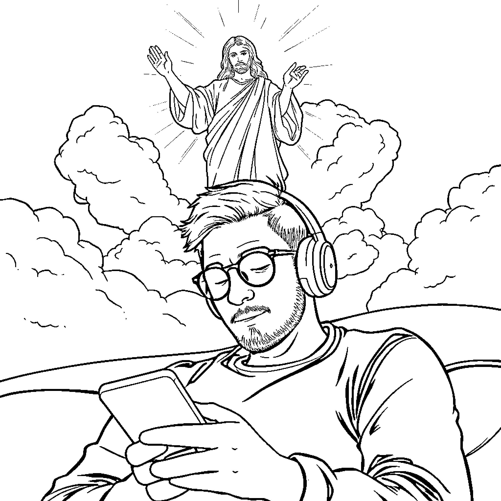 Man with glasses using digital device in religious scene Coloring Page (free black-and-white line drawing printable PDF for all, from beginners to advanced learners, including children, teens, adults, and seniors)