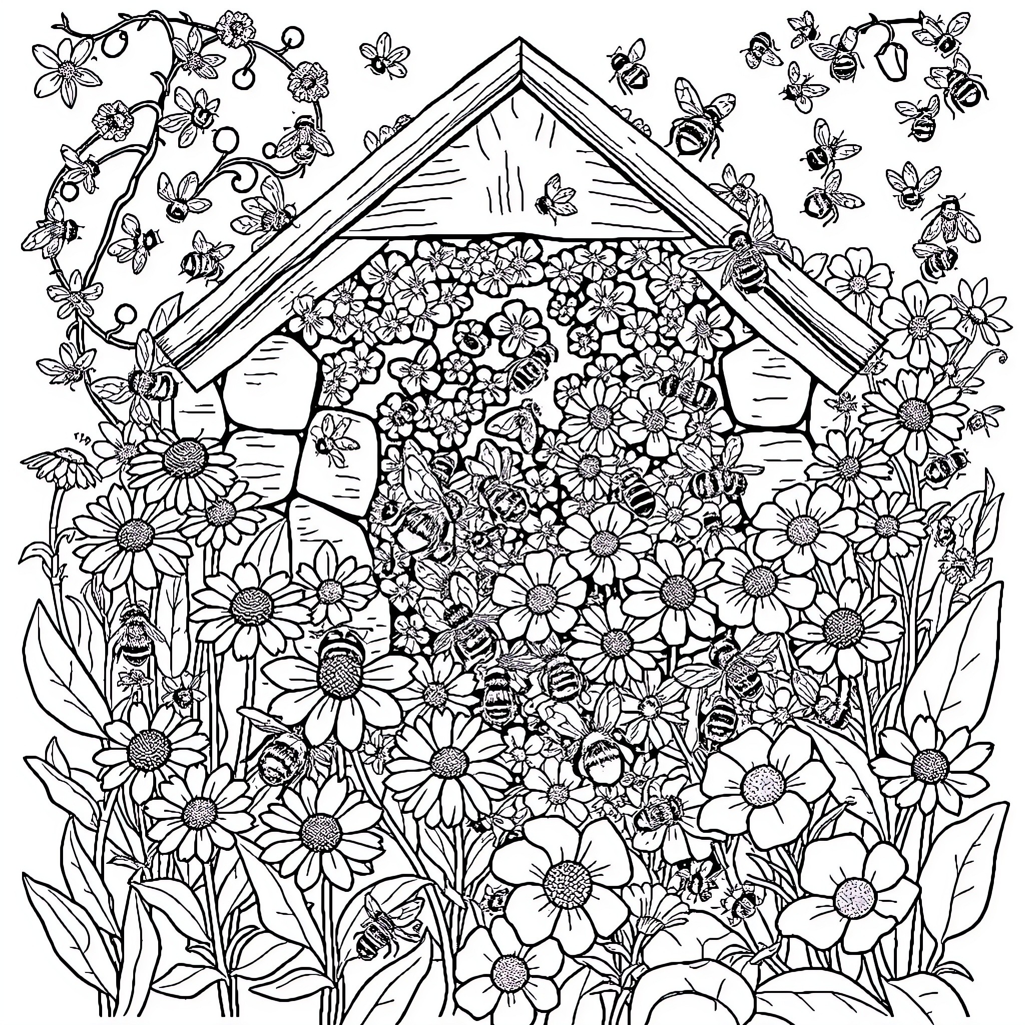 Bumblebee exploring a flowery cottage garden Coloring Page (free black-and-white line drawing printable PDF for all, from beginners to advanced learners, including children, teens, adults, and seniors)