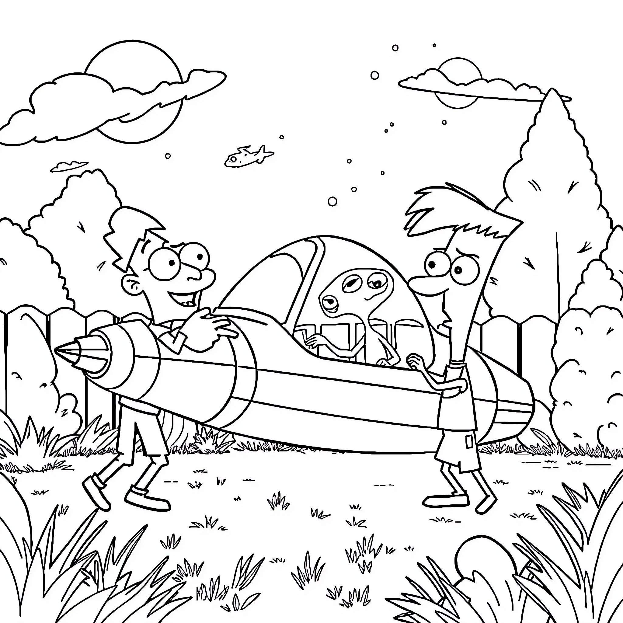 Phineas and Ferb's Outdoor Adventure Coloring Page (free black-and-white line drawing printable PDF for all, from beginners to advanced learners, including children, teens, adults, and seniors)