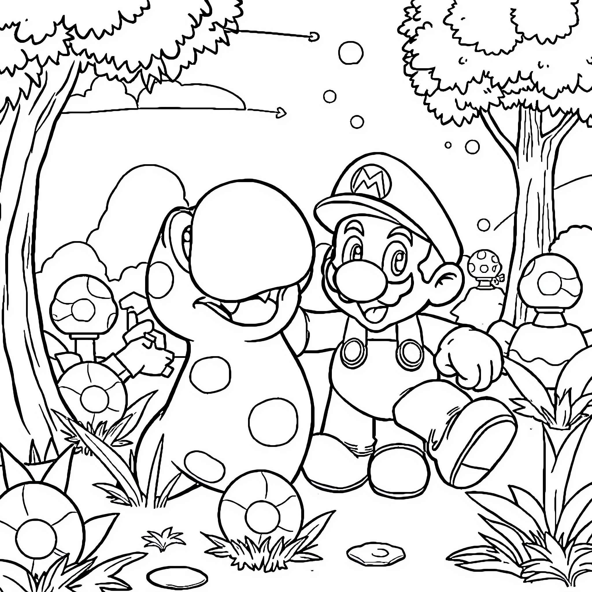 Creeper Mario and Luigi enjoying a day in the forest Coloring Page (free black-and-white line drawing printable PDF for all, from beginners to advanced learners, including children, teens, adults, and seniors)